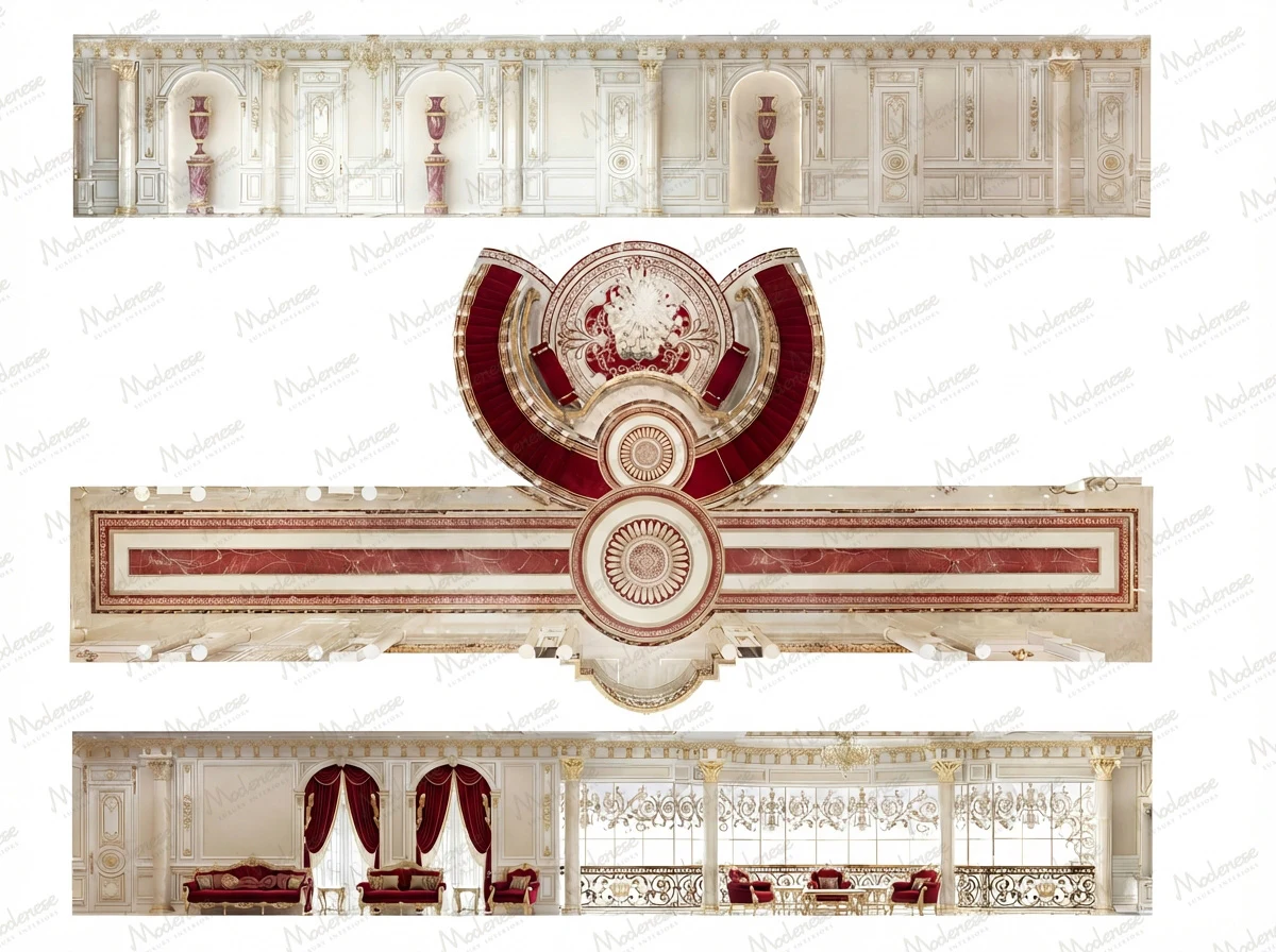 Architectural elevation and ceiling plan of a luxurious Bahrain palace interior showing classical wall panels, drapery, staircases, and intricate floor designs