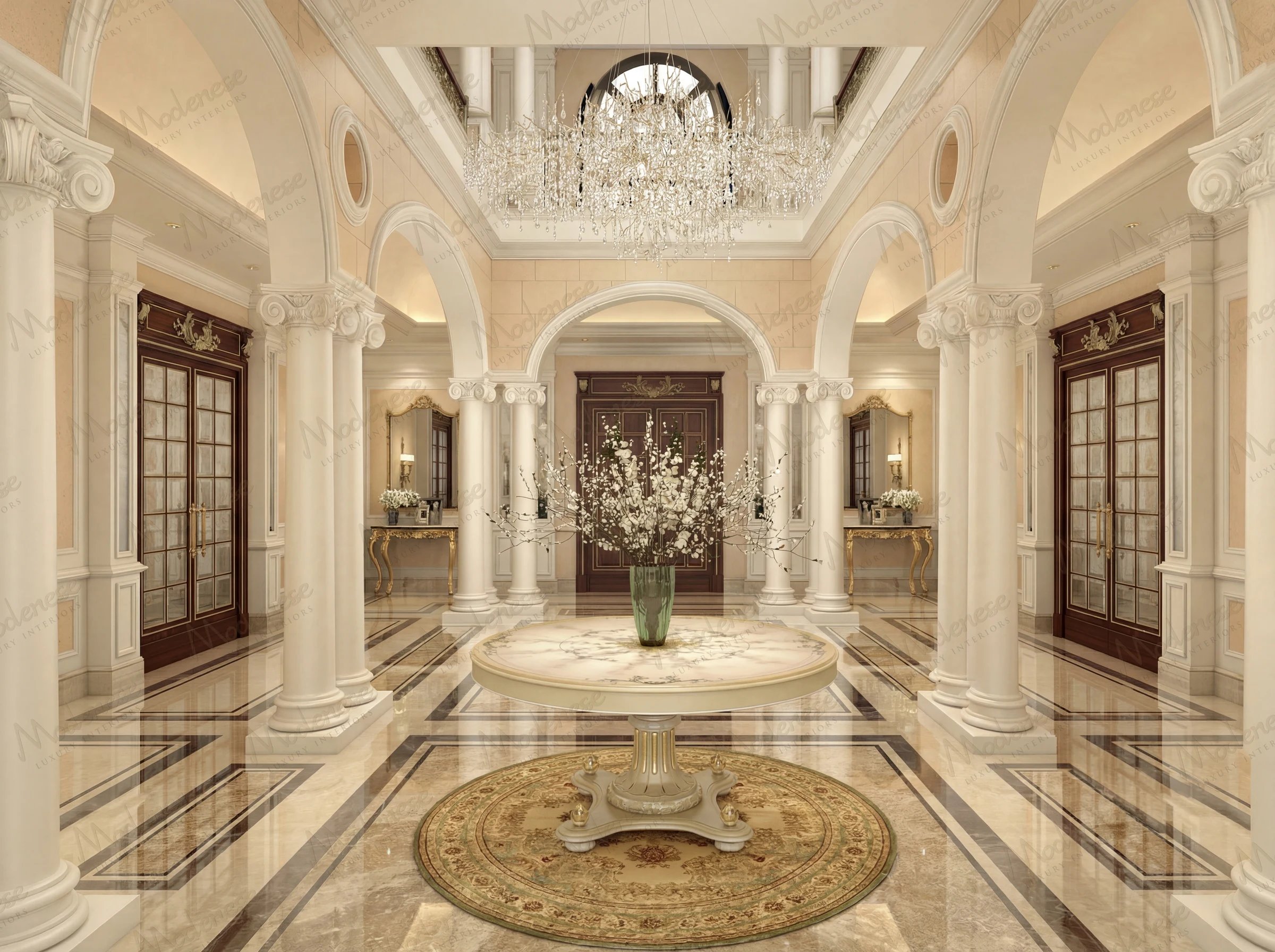 Majestic foyer in a Virginia villa featuring classical columns, arched entryways, a grand crystal chandelier, and a round marble table with white floral arrangement