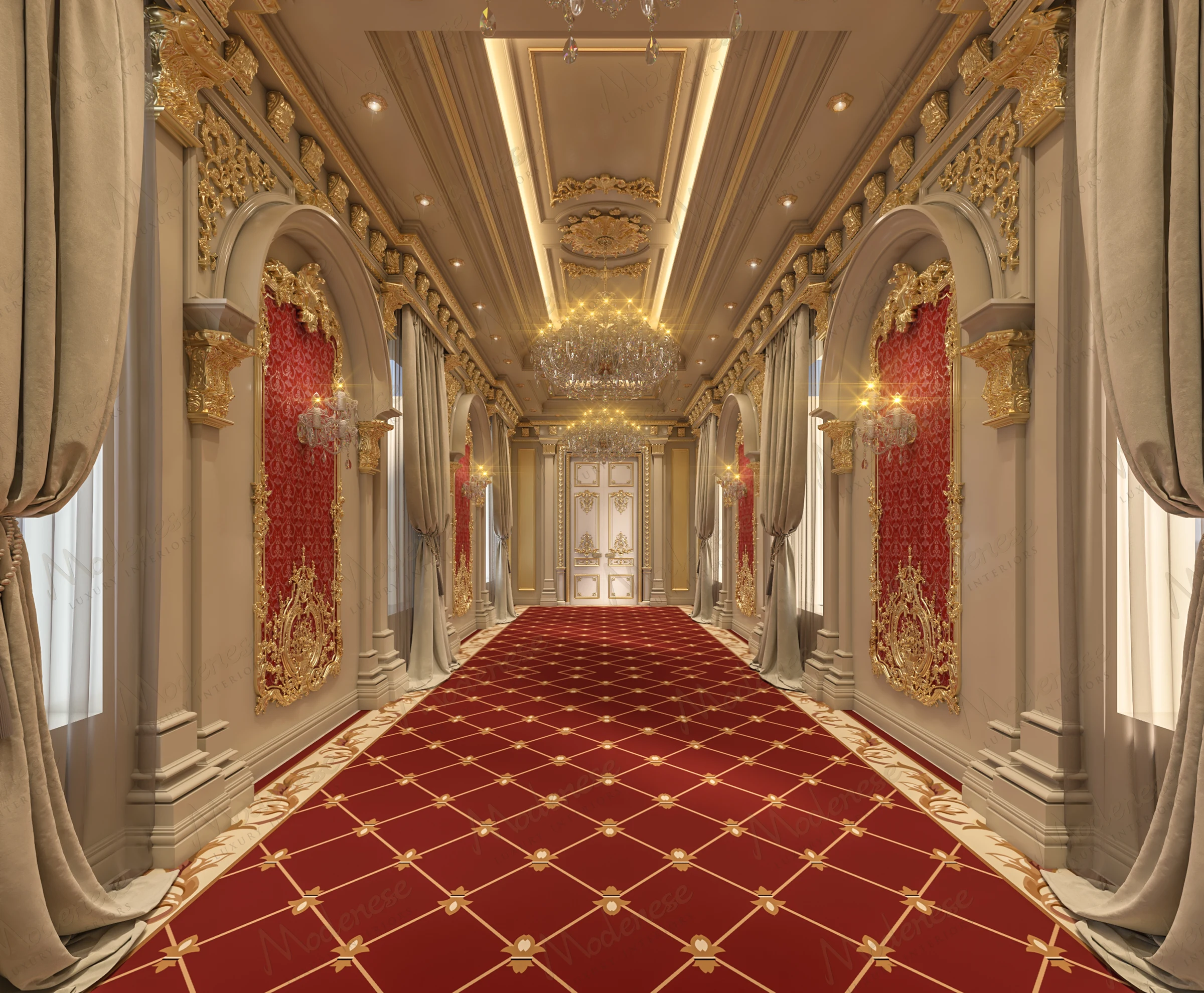 Majestic hallway in Kuwait lined with arched windows, gold-accented red damask wall panels, grand chandeliers, and a red patterned carpet creating a regal ambiance
