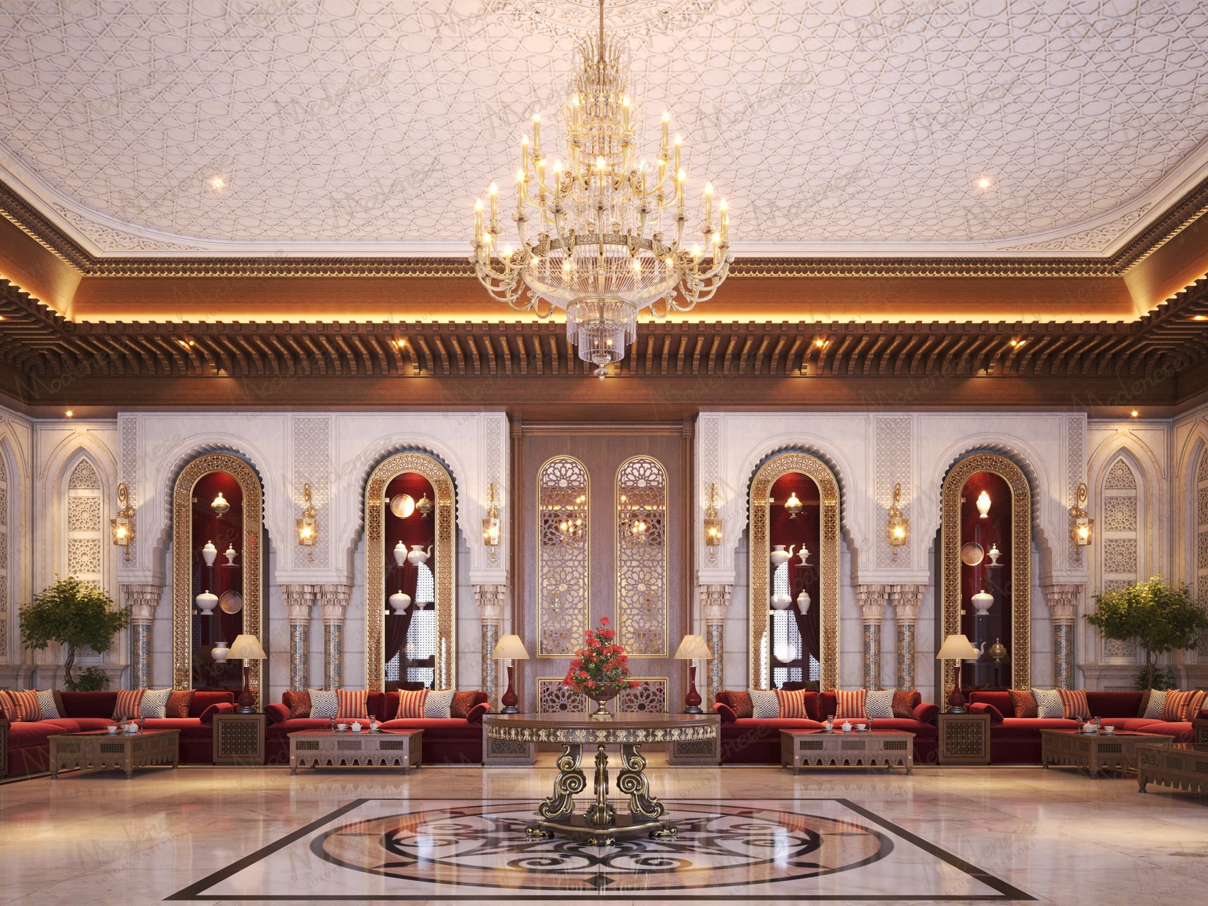 Majestic palace salon in Baghdad featuring zellige tilework, arched wall carvings, brass lantern chandeliers, and deep red seating arranged around traditional wooden tables