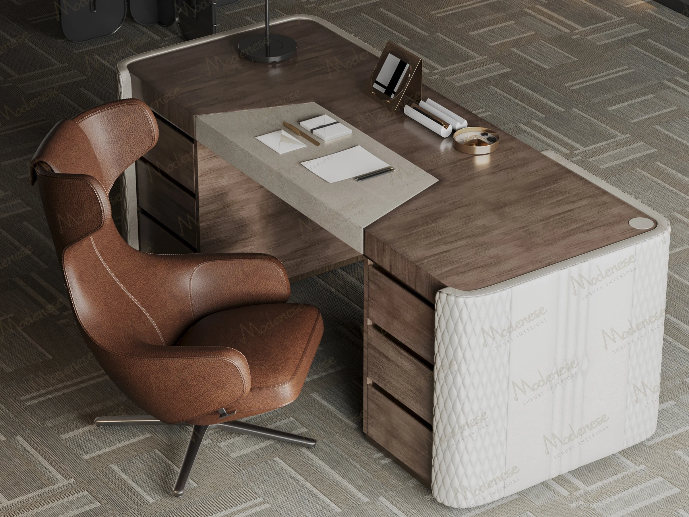 Overhead view of a New York head office desk setup with a leather swivel chair, organized desktop accessories, and a textured carpet in a neutral palette