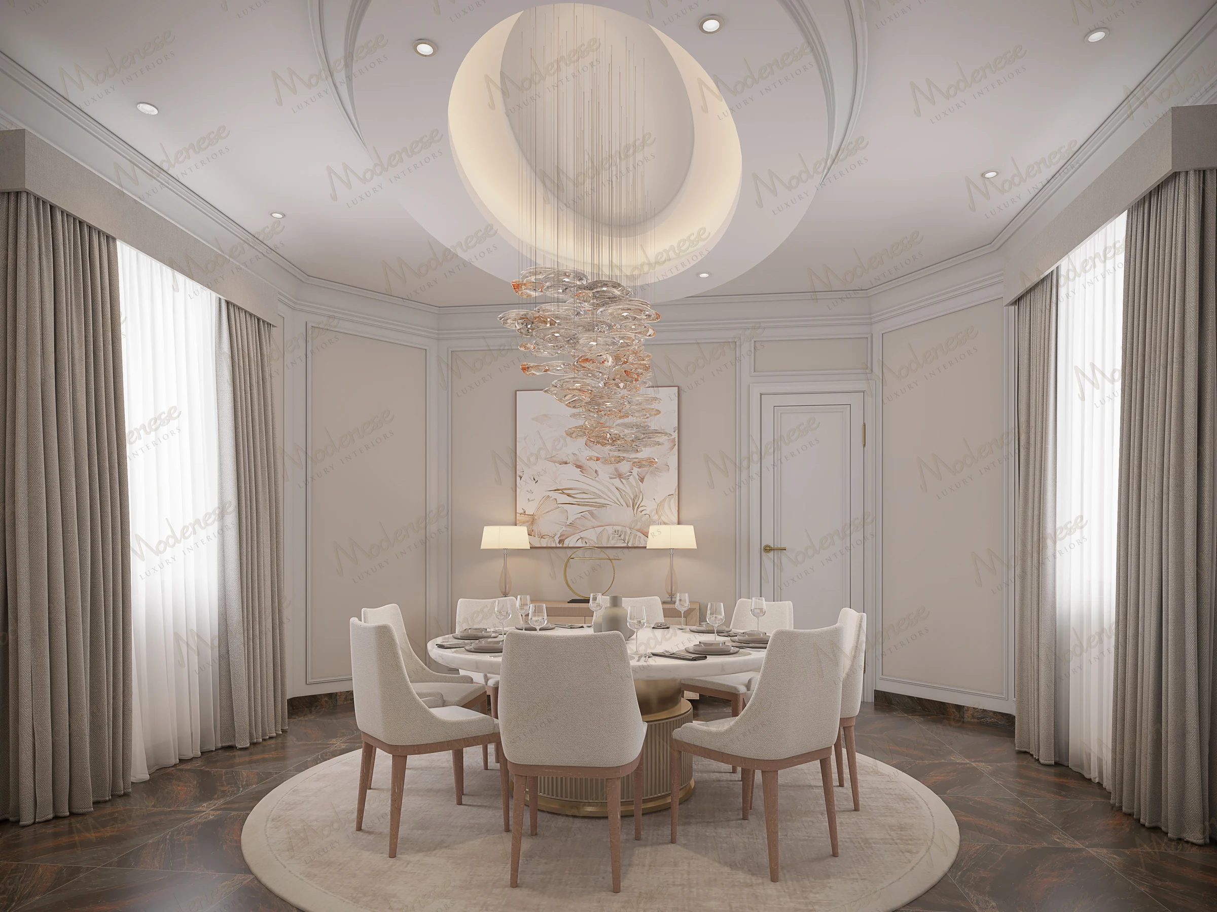 Elegant dining room in a Miami villa featuring a round dining table with upholstered chairs, a sculptural glass chandelier under a recessed ceiling dome, and soft natural light from tall curtained windows