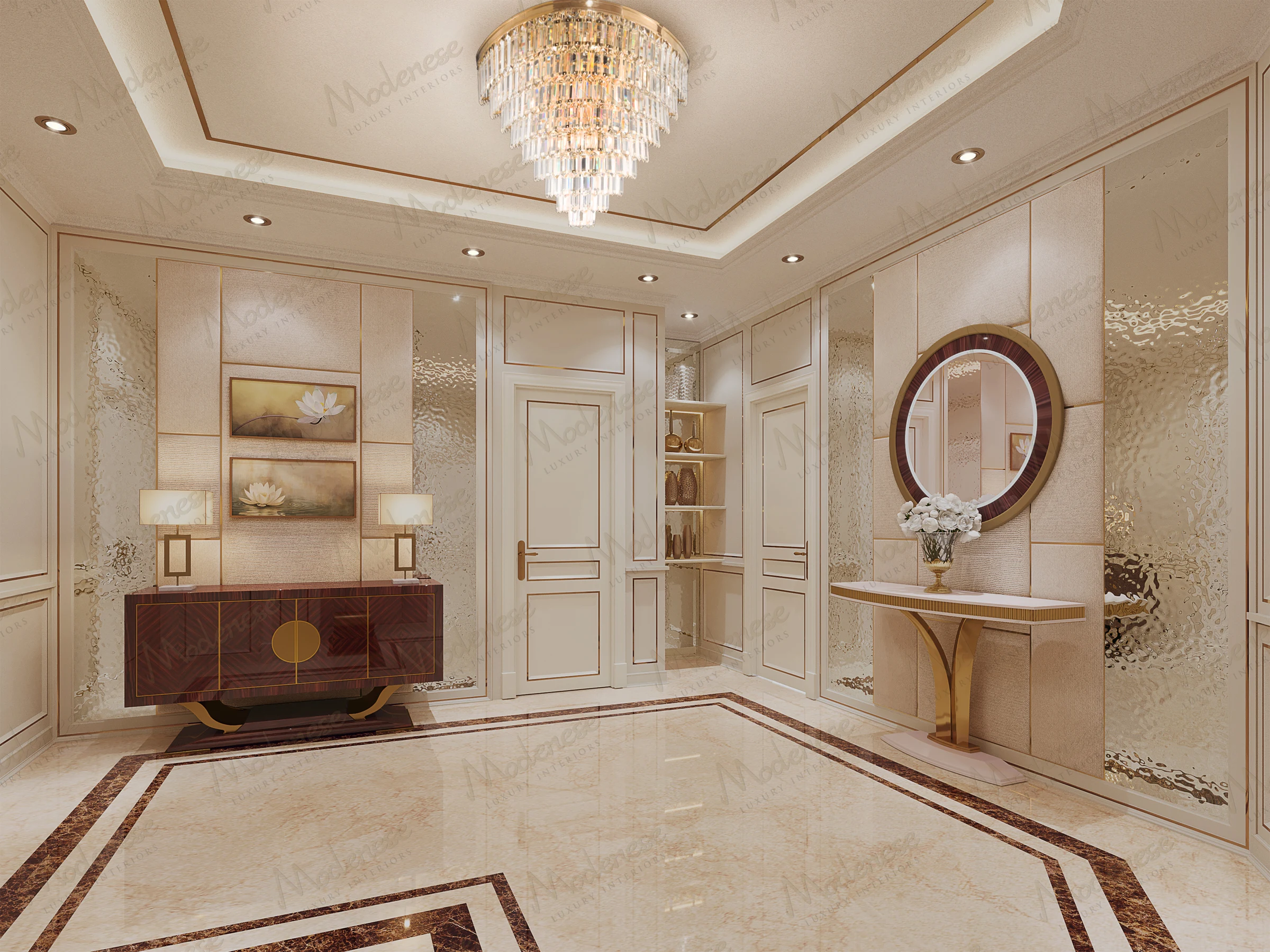 Refined entrance hall in Damascus, Syria with a mirrored console table, crystal chandelier, and symmetrical wall decor with lotus artwork and modern lighting