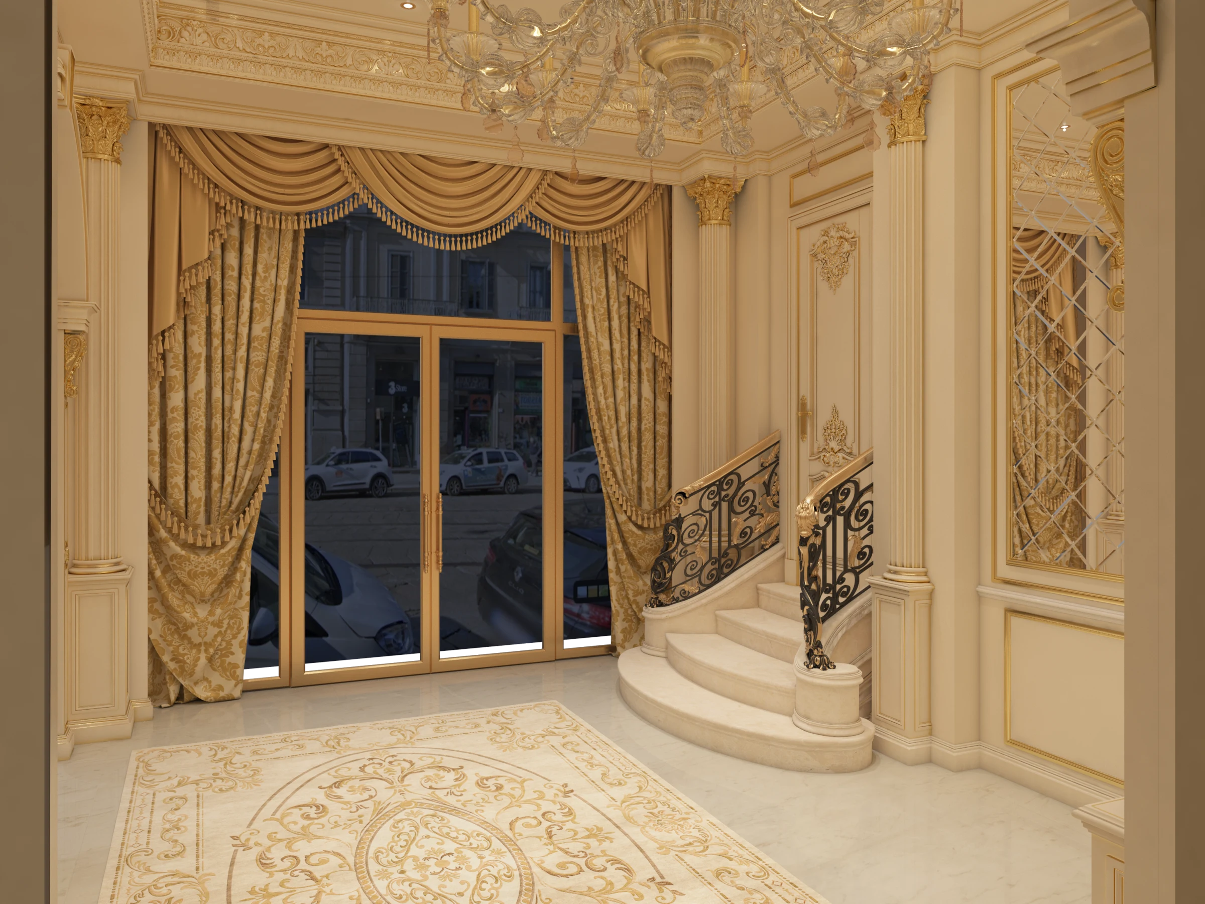 Elegant Milan showroom entrance with tall glass doors, sweeping marble staircase, wrought iron balustrades, rich drapery, and opulent neoclassical wall moldings