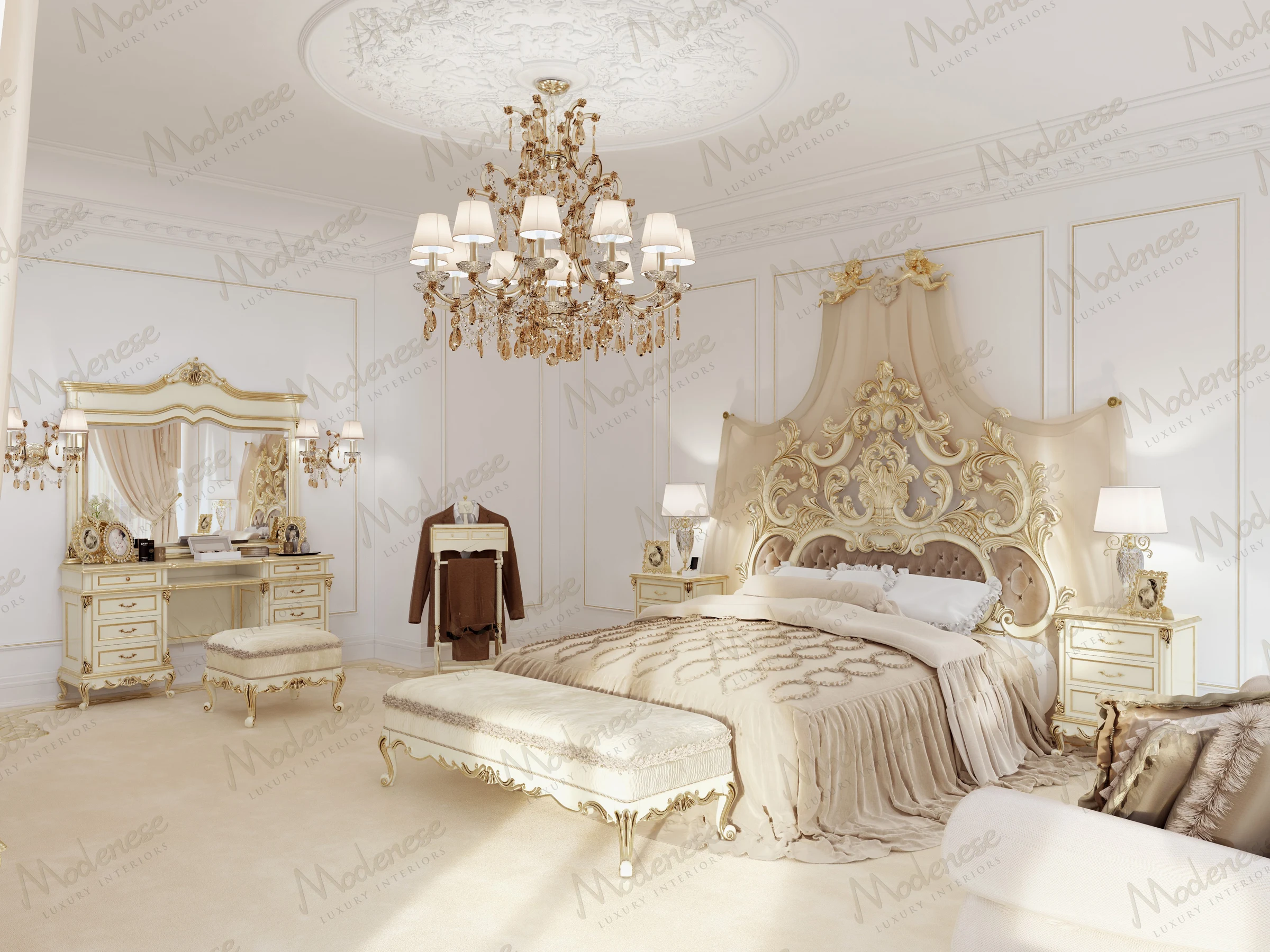 Refined bedroom in a Moscow residence showcasing a regal gold-accented bed, matching vanity, and a chandelier with crystal and fabric shades