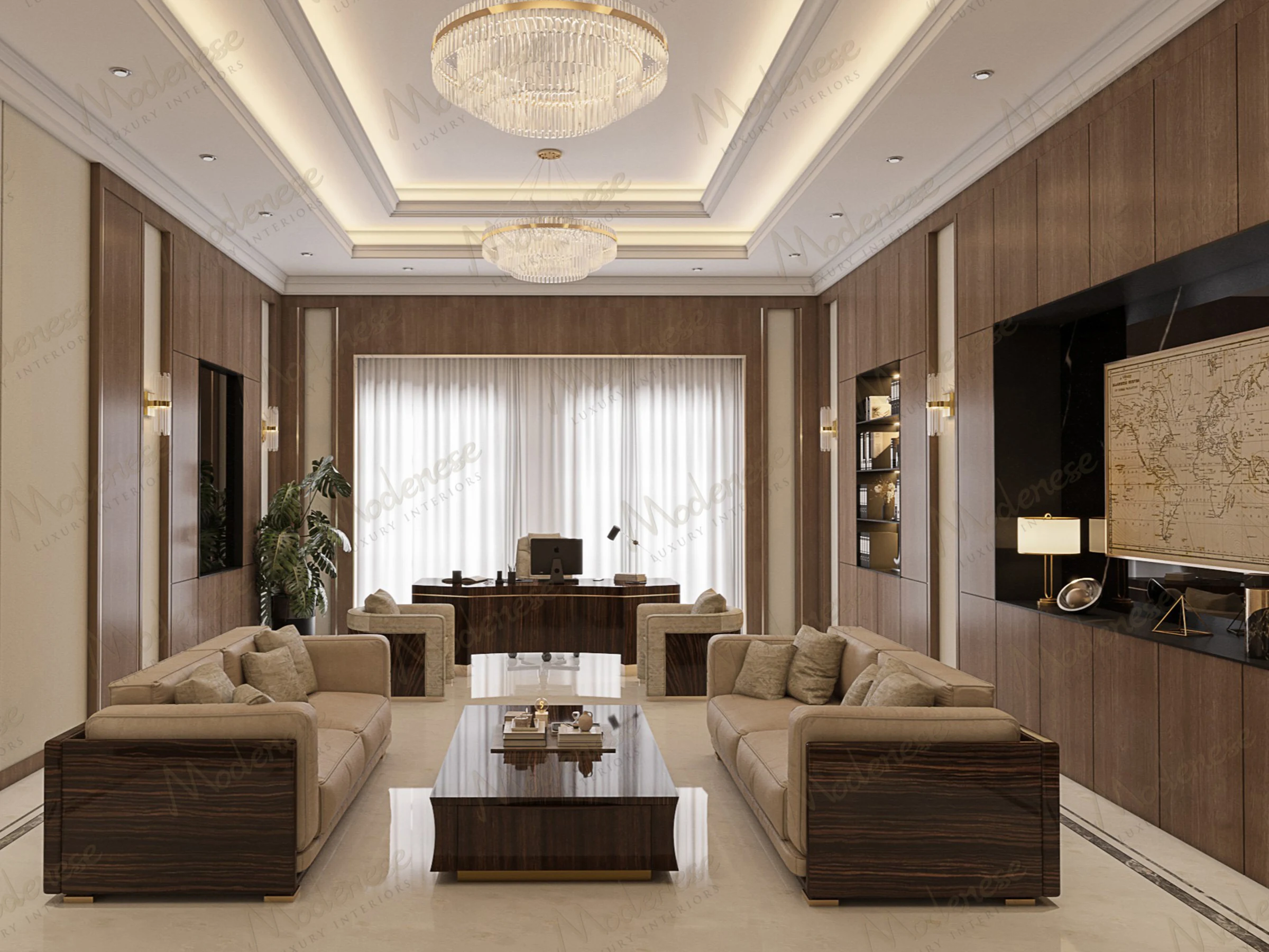 Contemporary corporate office in Doha featuring dark wood paneling, plush beige sofas, and a sleek desk setup facing full-height curtains