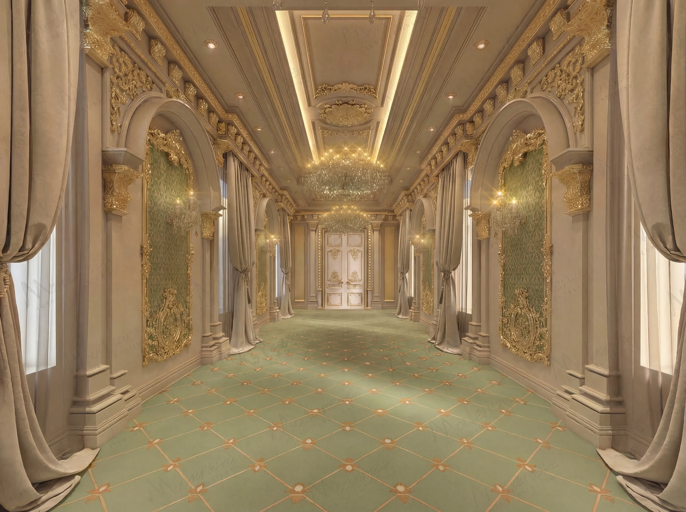Lavish palace hallway in Baghdad with green and gold carpet, arched wall niches with green damask panels, gold embellishments, and crystal chandeliers