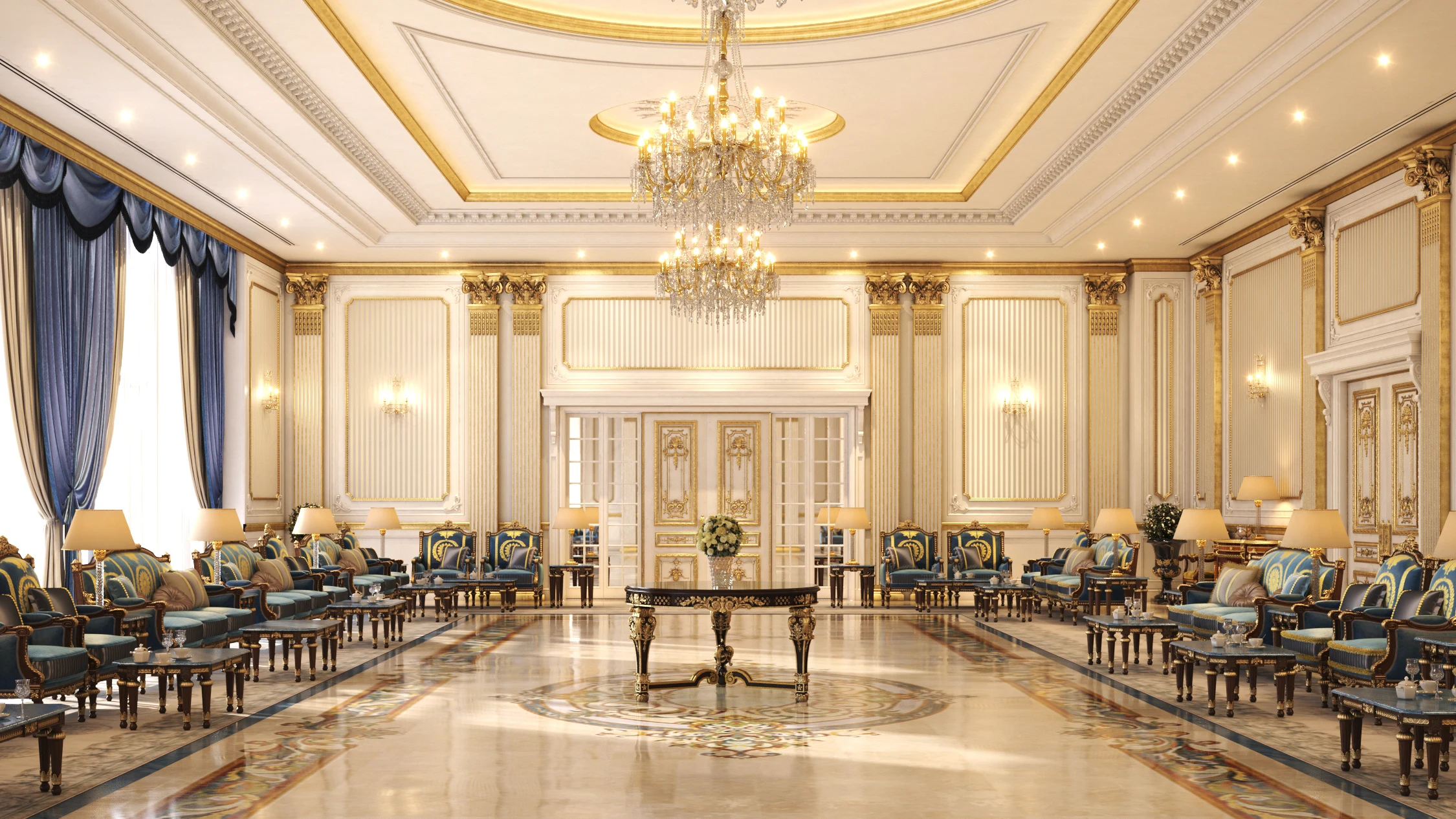 Luxurious reception hall in Riyadh villa featuring royal blue and gold furniture, intricate wall paneling, chandeliers, and polished marble flooring