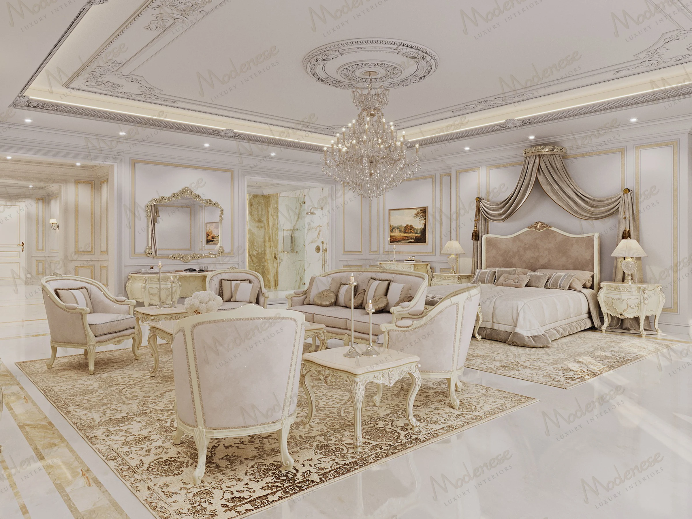Regal master suite in an Abu Dhabi palace with intricate decor, classical seating arrangement, and opulent chandeliers over a glossy marble floor