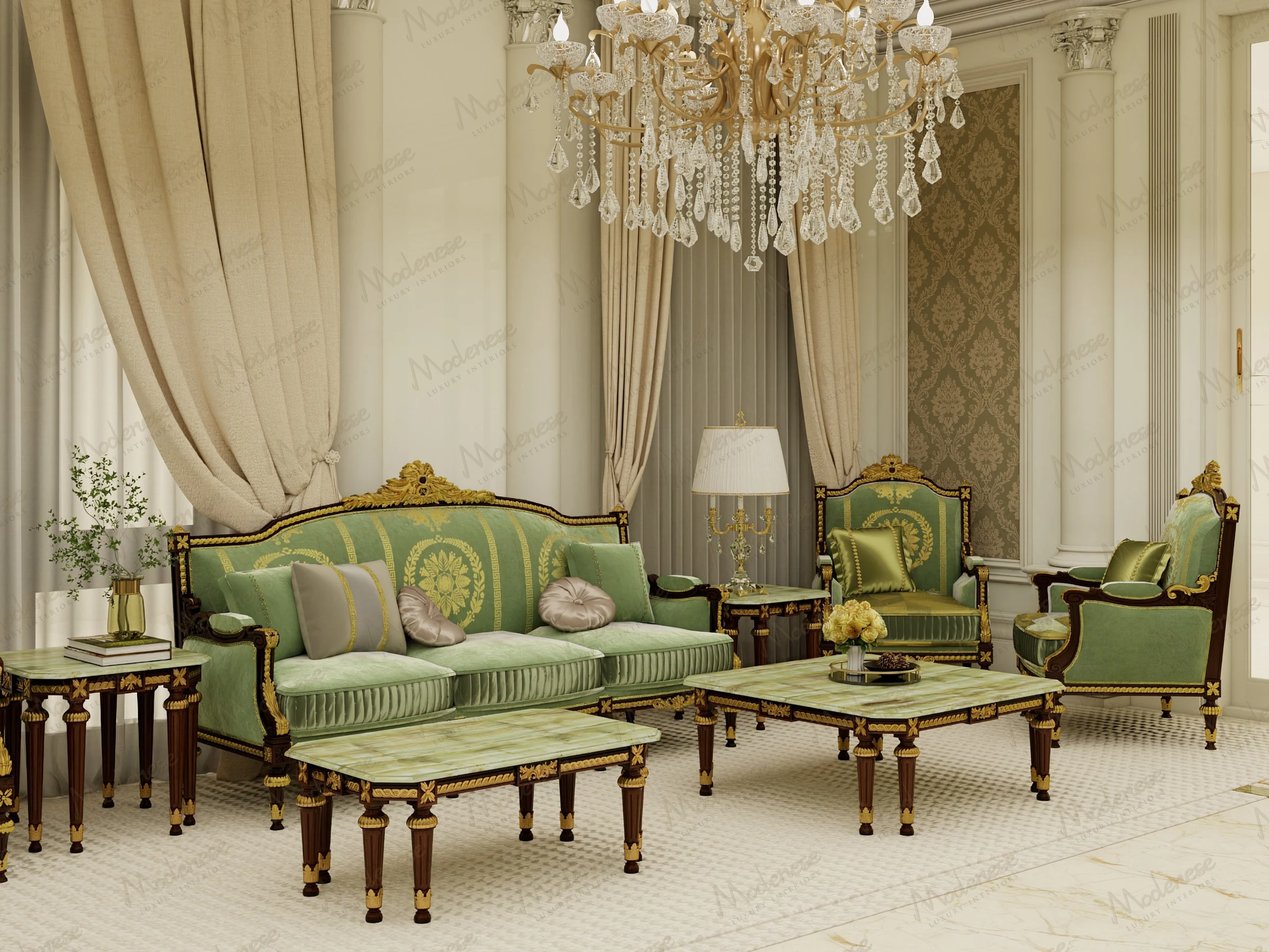 Luxurious Dubai Majlis interior with damask wallpaper, crystal chandeliers, and regal green furniture accented by gold carvings