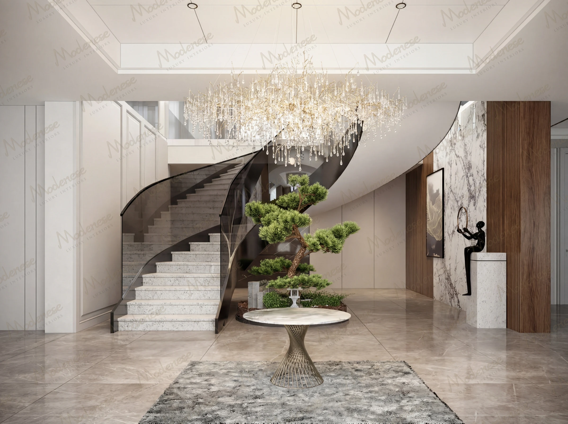 Contemporary entrance hall in a Virginia villa with a spiral staircase, sculptural chandelier, bonsai centerpiece, and marble accents against minimalist white walls