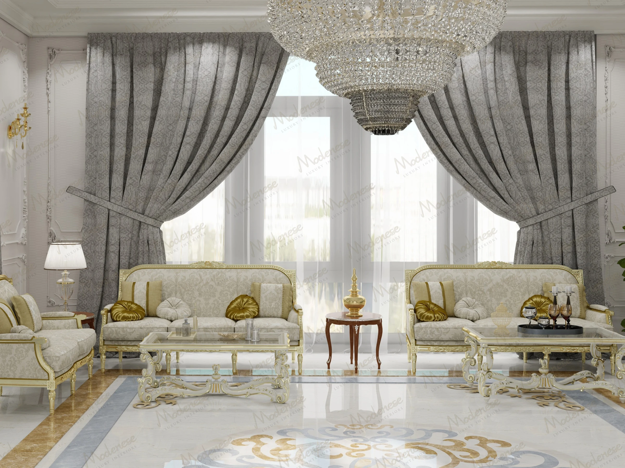 Regal living room in a Dubai villa framed by arched columns, with deep blue curtains, white and gold furnishings, and a glittering chandelier above a floral carpet design