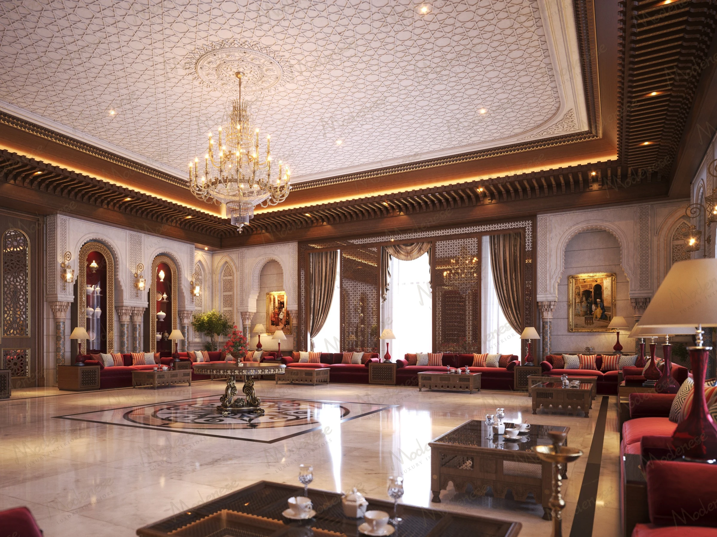 Grand palace living space in Baghdad with luxurious marble flooring, intricate mashrabiya panels, richly upholstered red seating, and dramatic gold-accented chandeliers