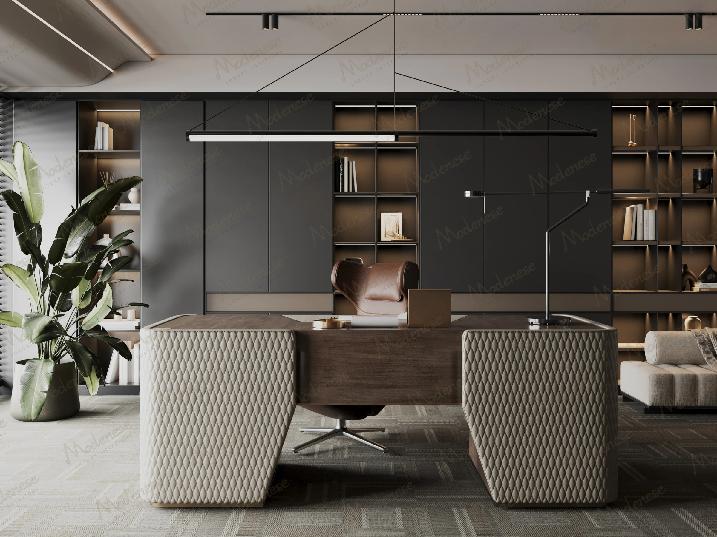 Front-facing angle of a stylish New York head office with symmetrical shelving, leather-accented desk ends, and a large indoor plant beside minimalist décor