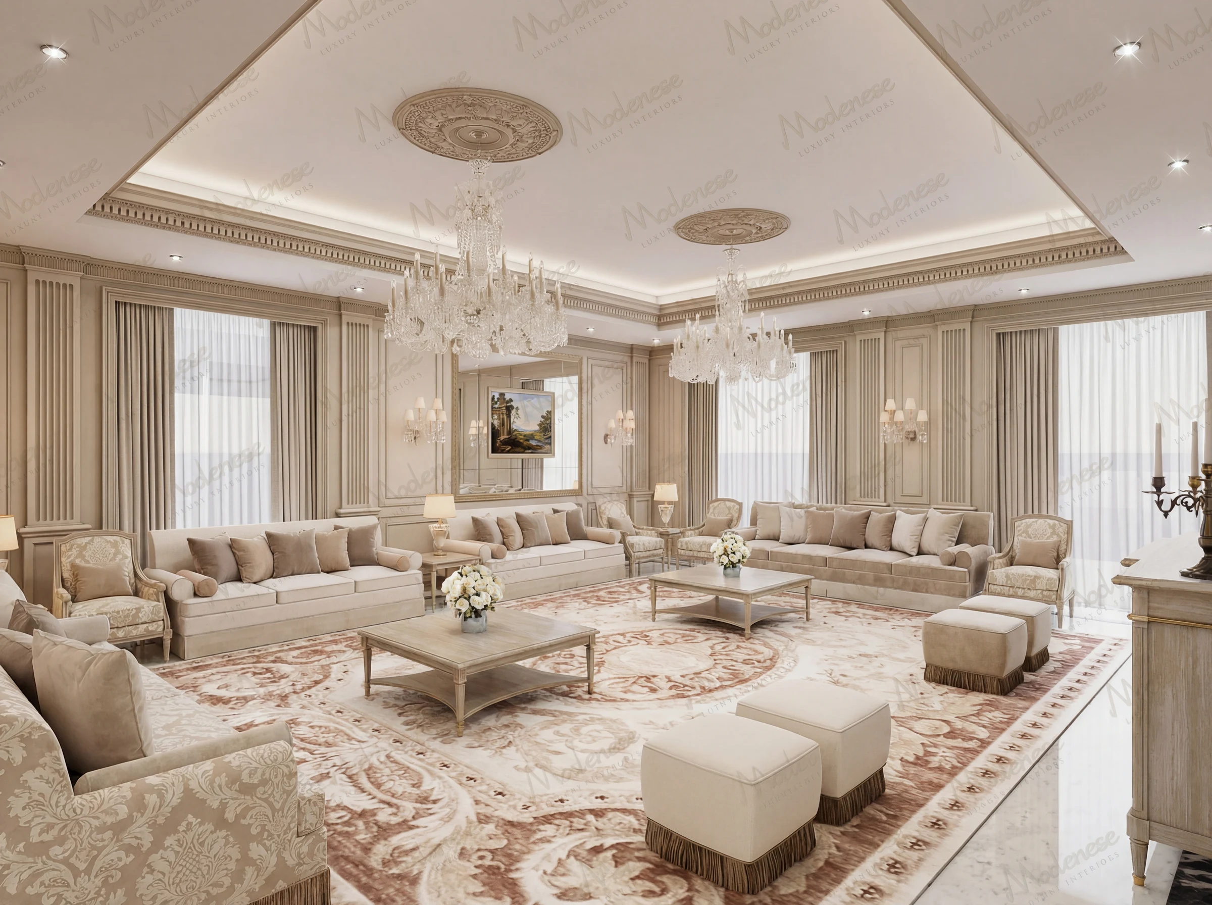 Luxurious living room in Muscat featuring ornate chandeliers, classical molding, and a large Persian-style rug surrounded by elegant cream sofas with blue and beige accent pillows