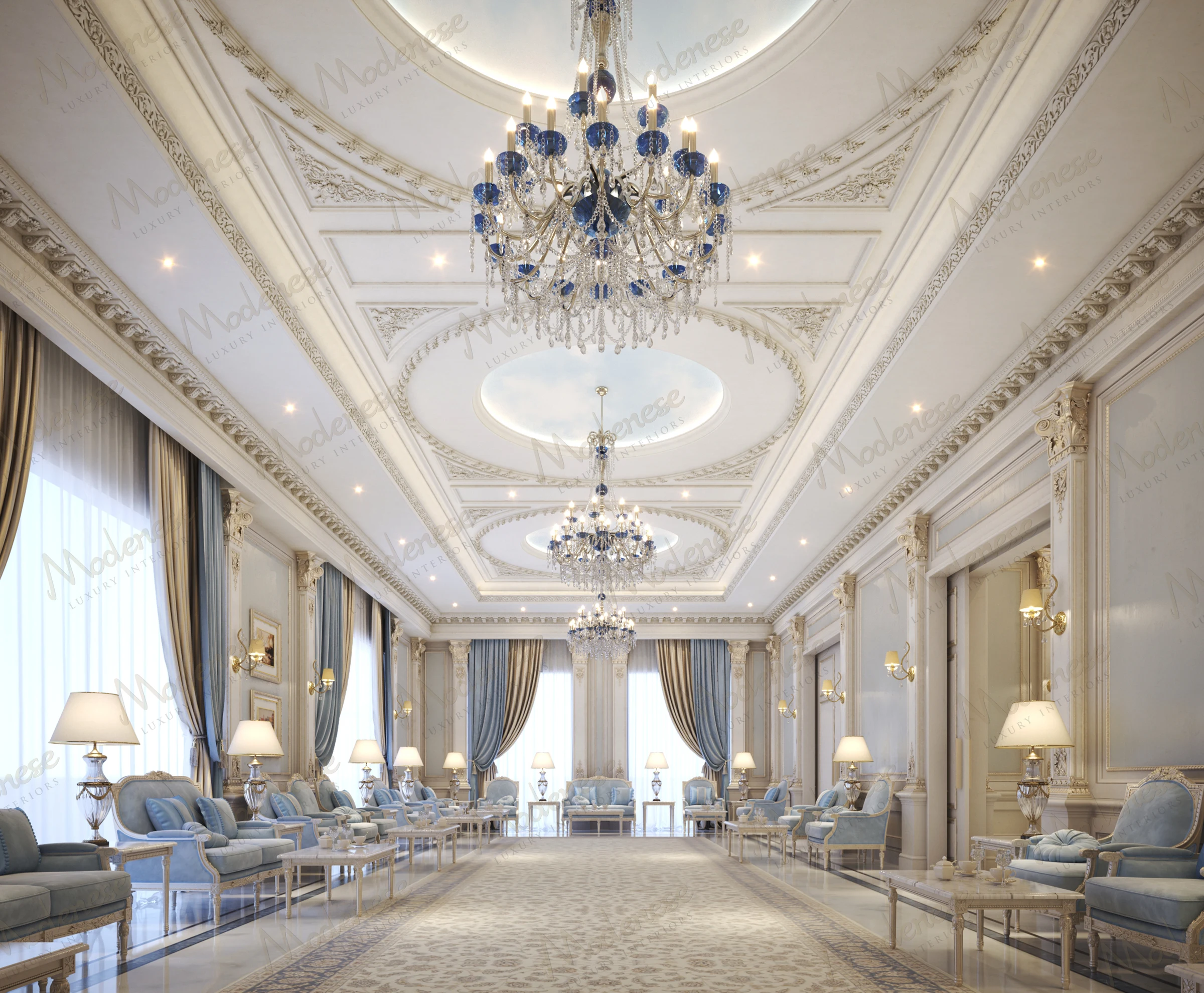 Lavish palace-style majilis  in Kuwait with intricately carved wall paneling, richly draped curtains, and elegant seating accented by soft lighting and gold trim details