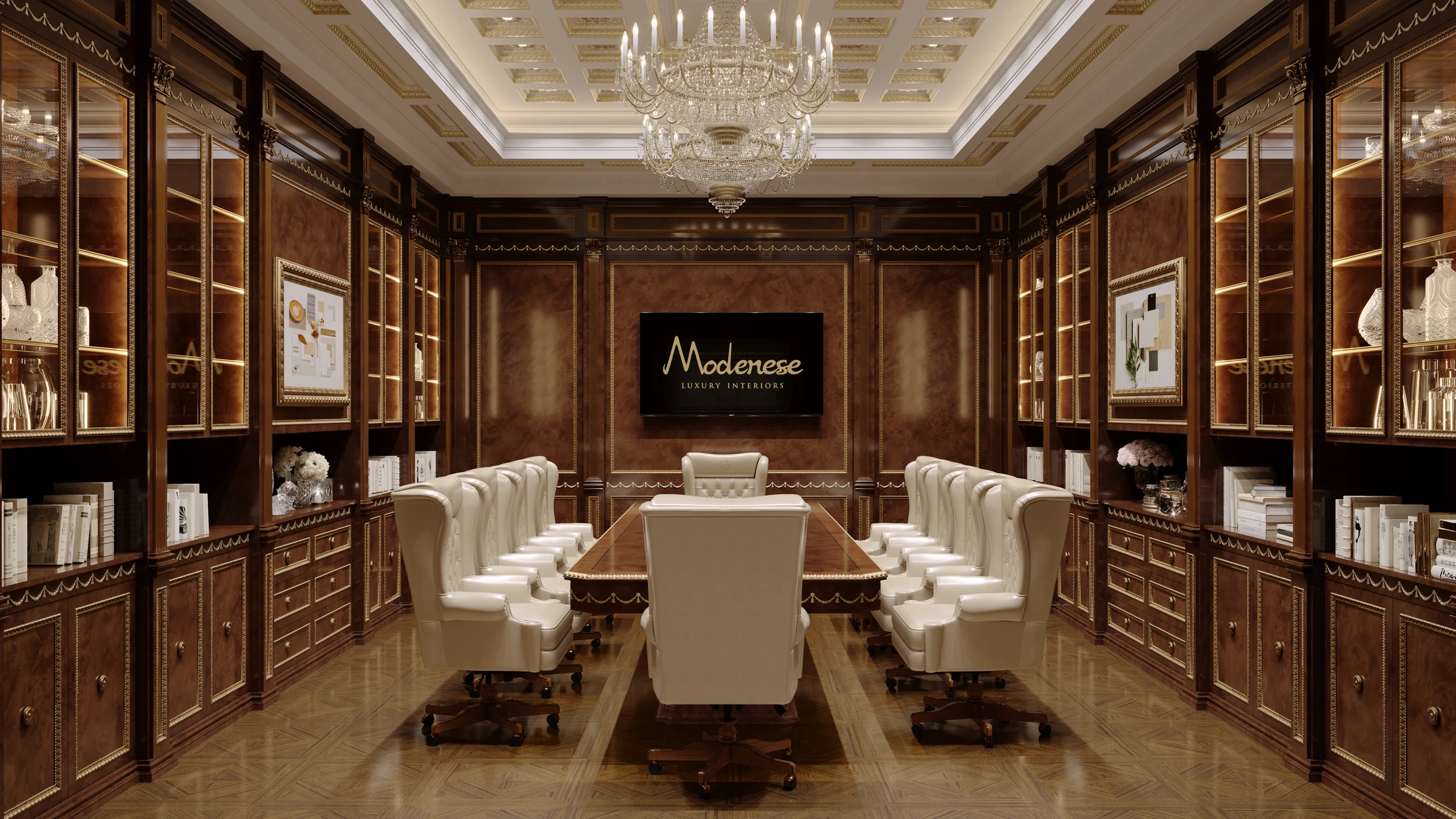 Luxurious Milan conference room with dark wood paneling, built-in display shelves, crystal chandelier, long polished table, and leather executive chairs in a refined classic style