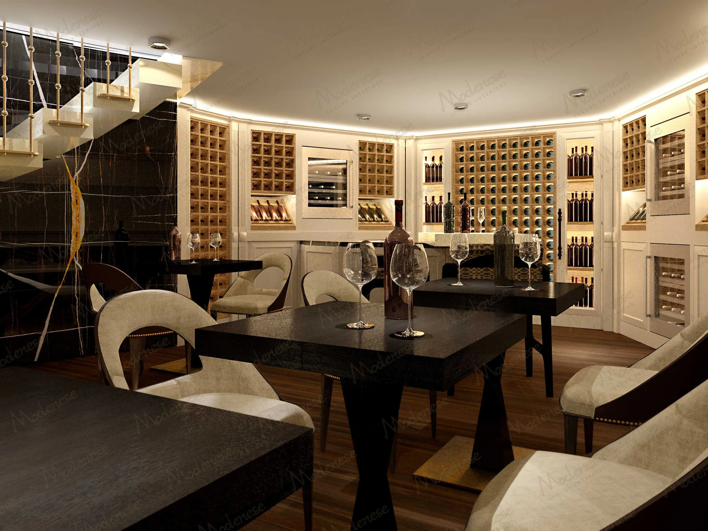 Sophisticated wine cellar in an Erbil home with built-in bottle racks, black tables, cream chairs, and ambient under-shelf lighting
