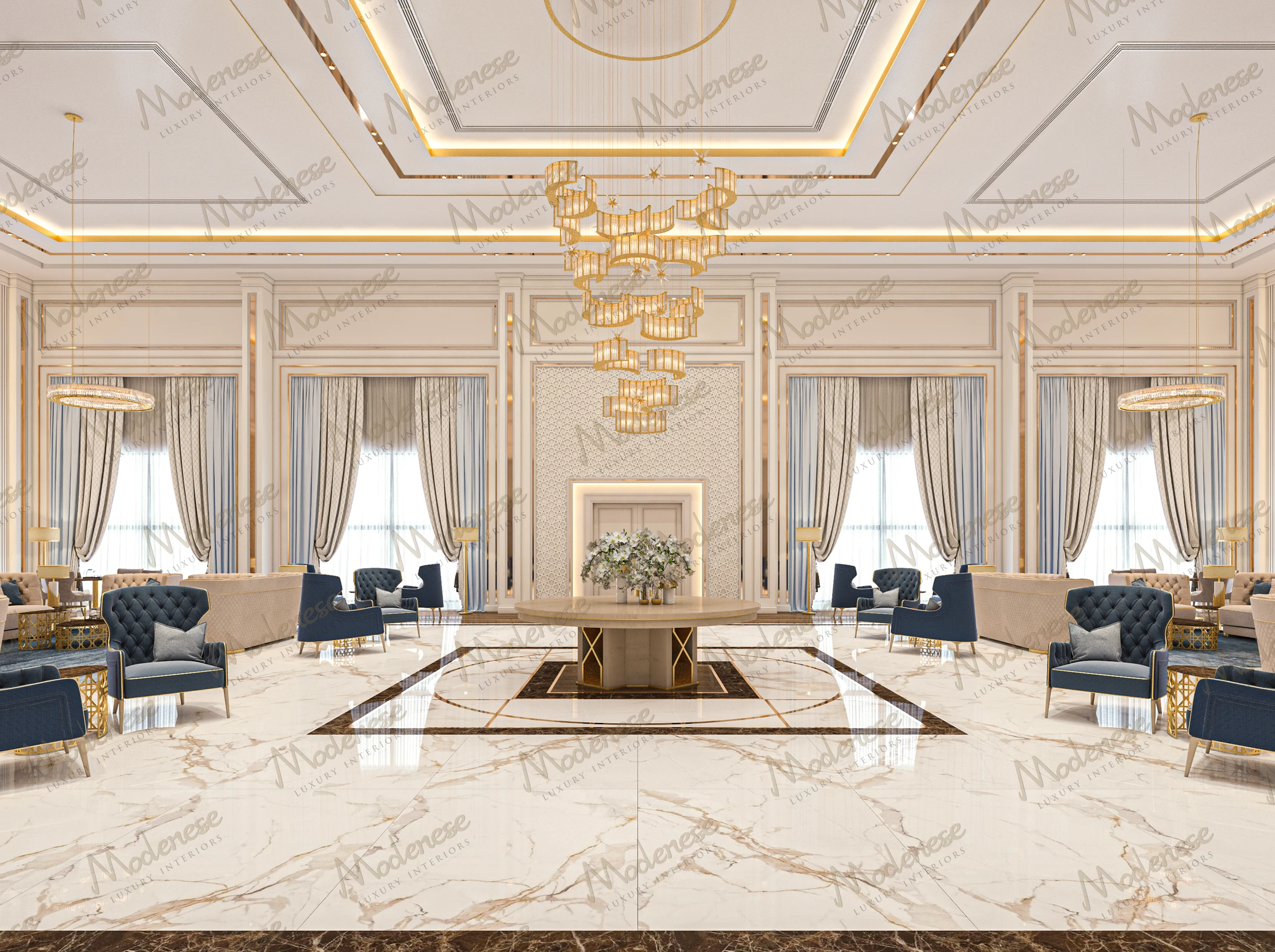 Contemporary luxury lobby in an Anambra villa with polished marble floors, navy blue lounge chairs, cascading gold chandeliers, and floor-to-ceiling curtains