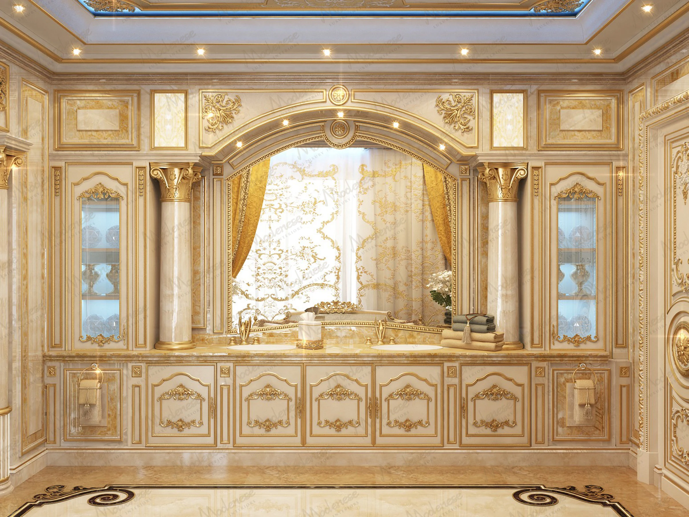 Opulent bathroom in a Moscow residence featuring intricate gold detailing, classical columns, and a grand vanity under a draped window