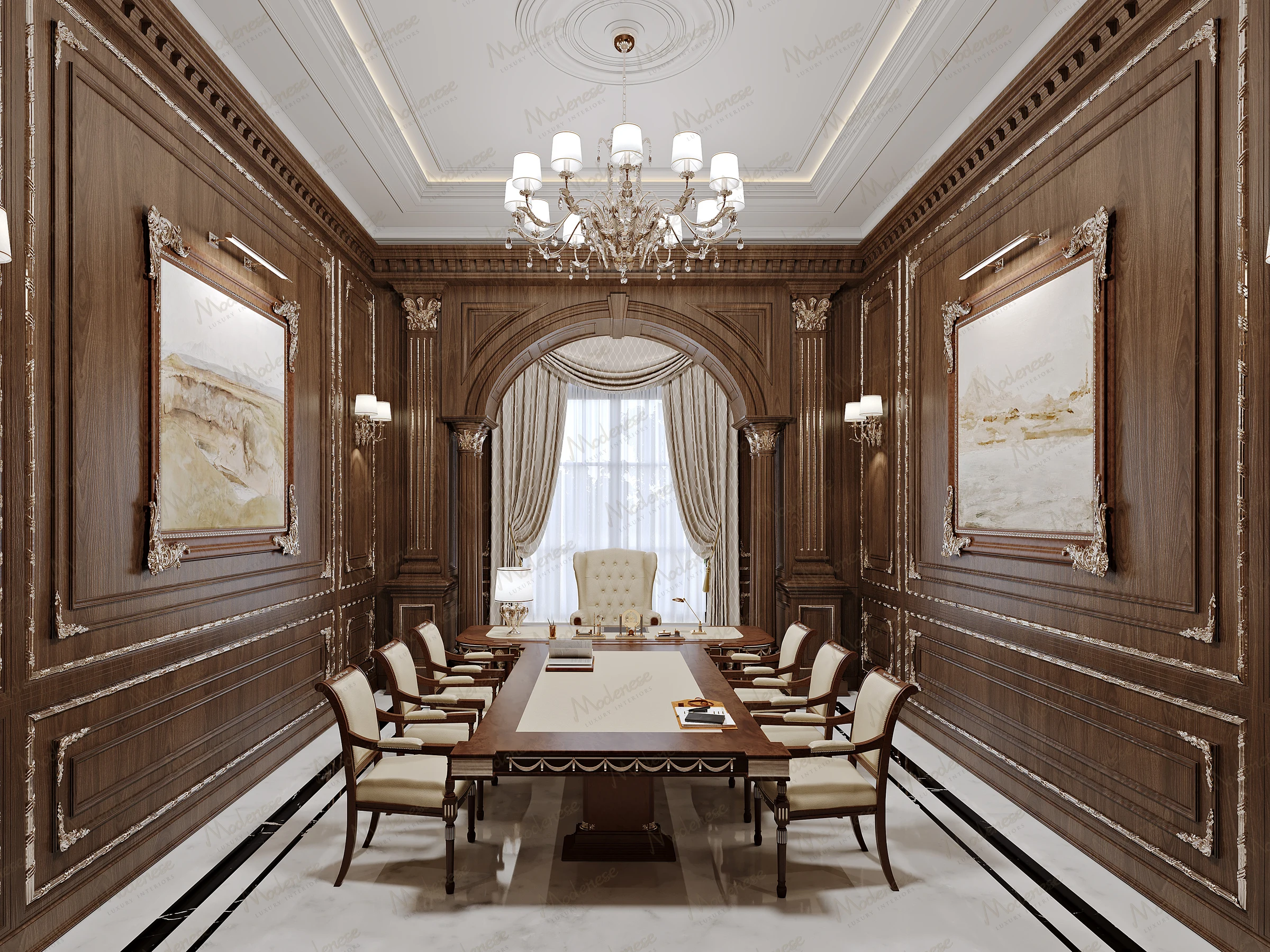 Formal boardroom in a Doha corporate office with rich wooden wall paneling, traditional artwork, a grand chandelier, and a long meeting table surrounded by classic chairs