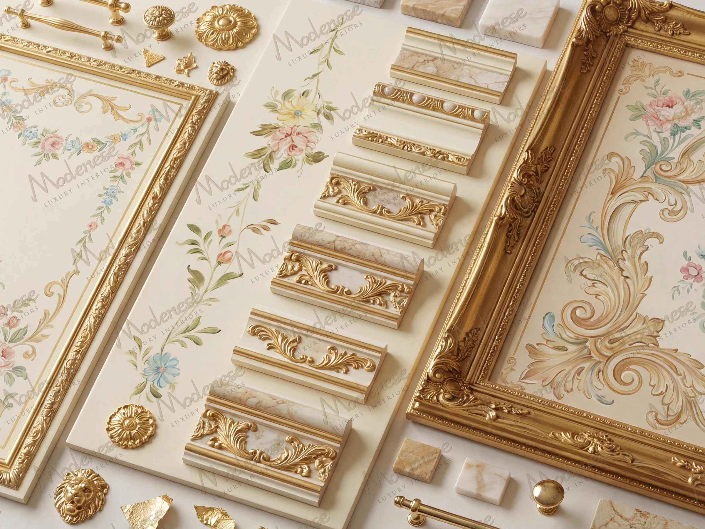 Assorted decorative samples for a Baghdad palace interior, including gold floral moldings, painted floral panels, and intricate gilded frames on cream backgrounds