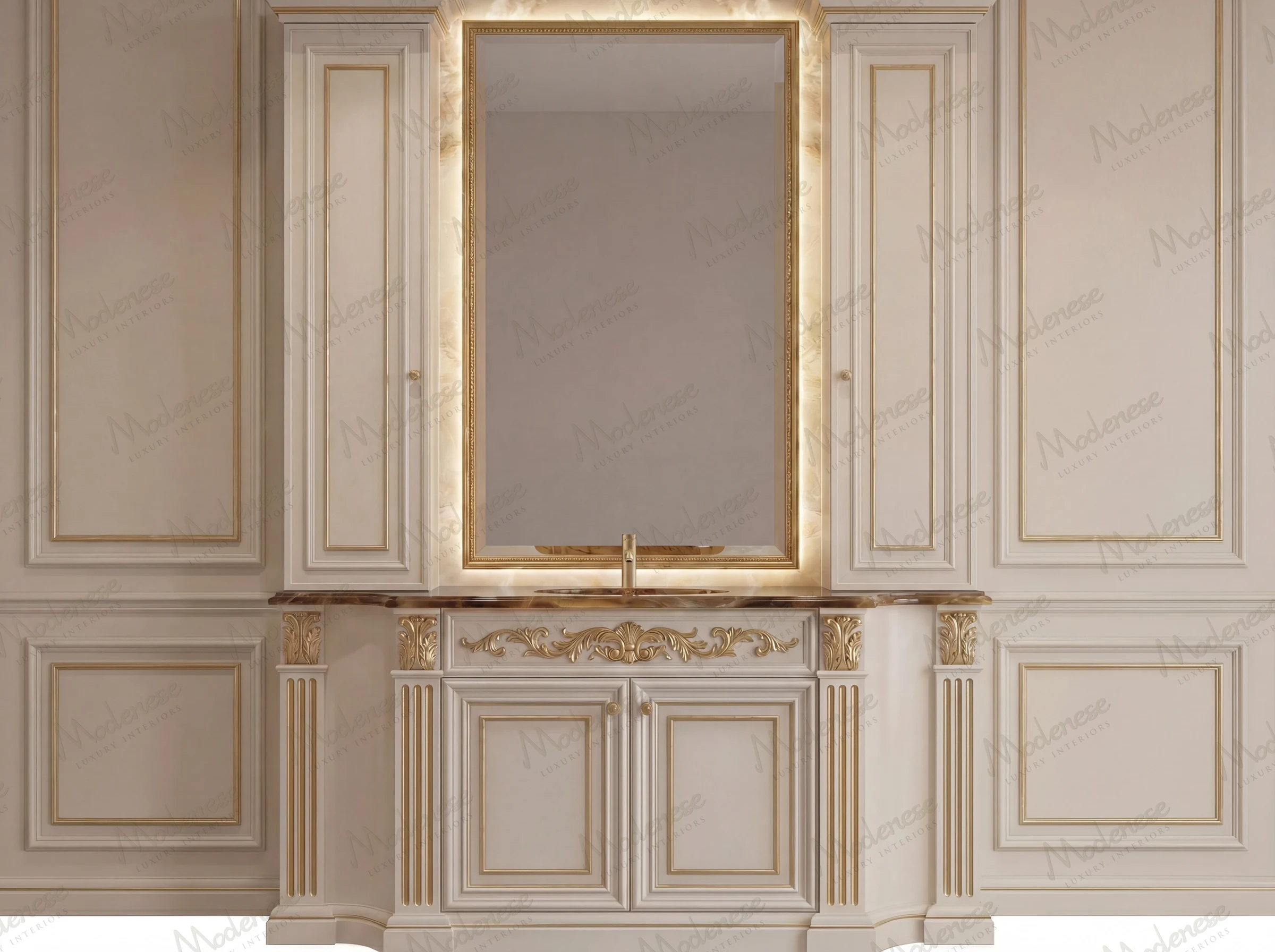 Refined ivory paneling with gold leaf accents defines this elegant vanity space, featuring bespoke Italian furniture and a marble-topped console with integrated lighting. The illuminated mirror, fluted pilasters, and hand-carved detailing reflect Italian craftsmanship and turnkey interior solutions for premium residential projects and New York high-end apartment design.