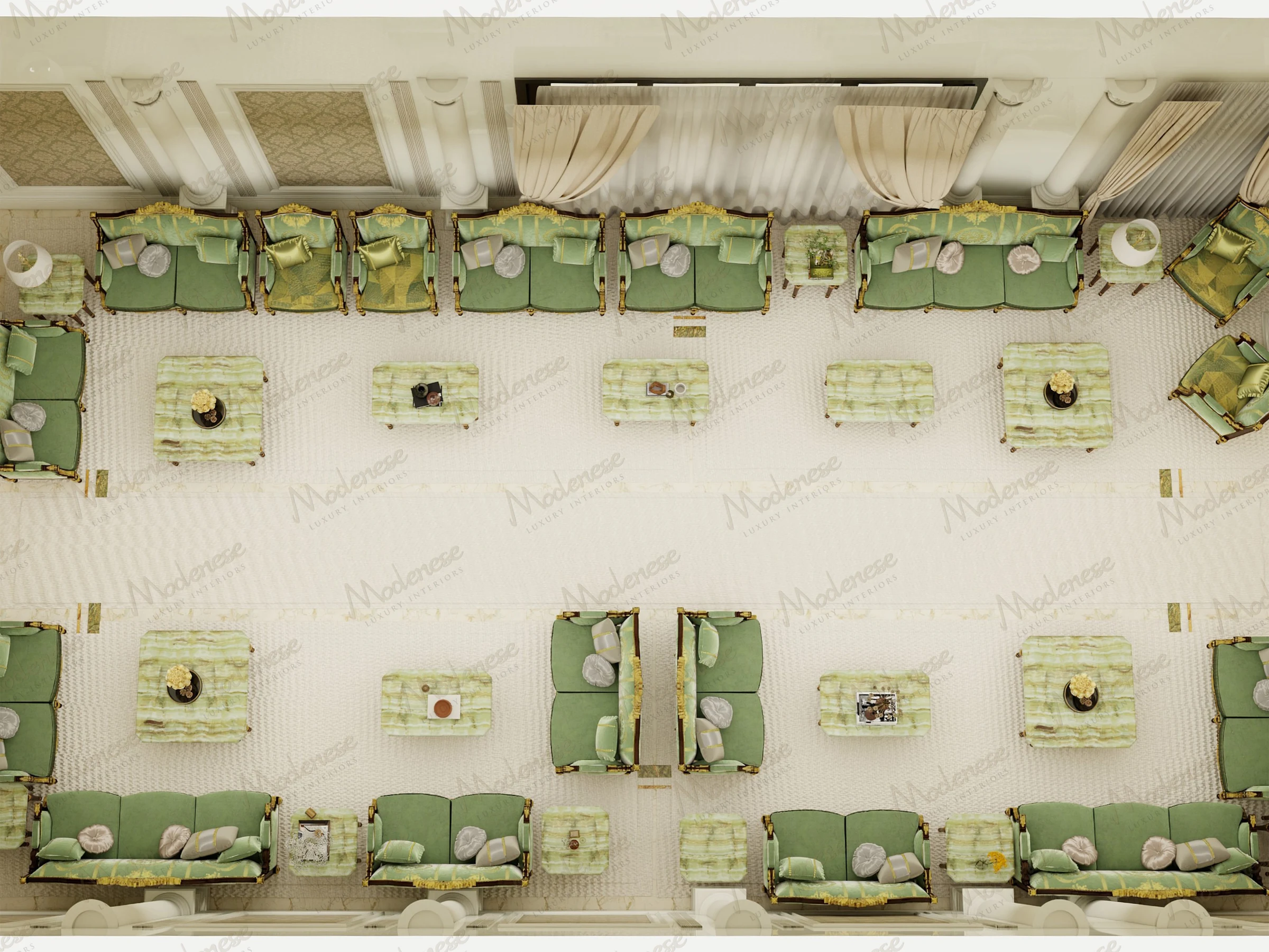 Elegant corner of a Dubai Majlis with floor-length curtains, crystal chandelier, and classic green and gold furniture near tall windows