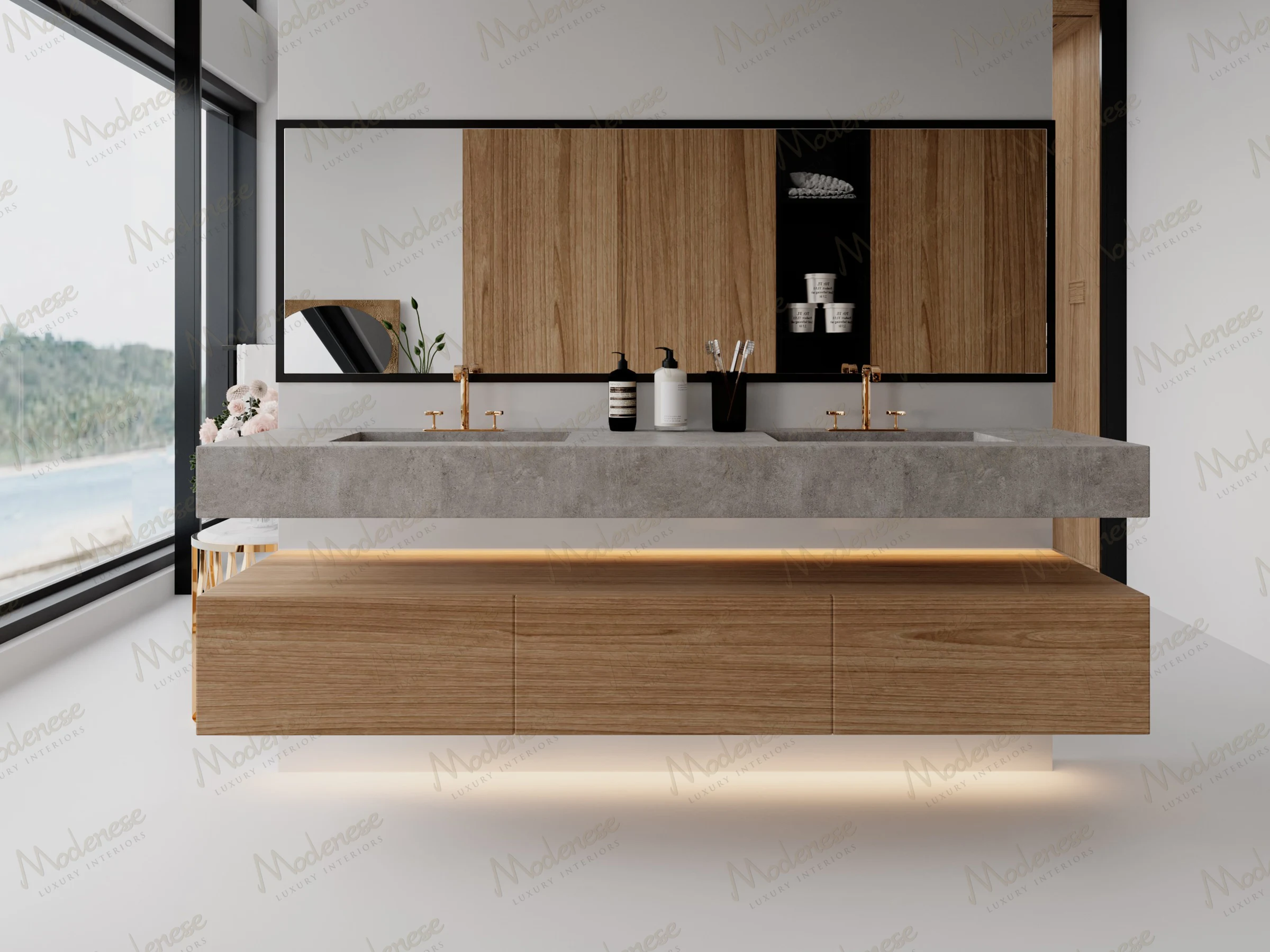 Contemporary double vanity in a Tulum hotel suite with concrete sinks, gold faucets, wooden cabinetry, and warm under-cabinet lighting cream backdrop