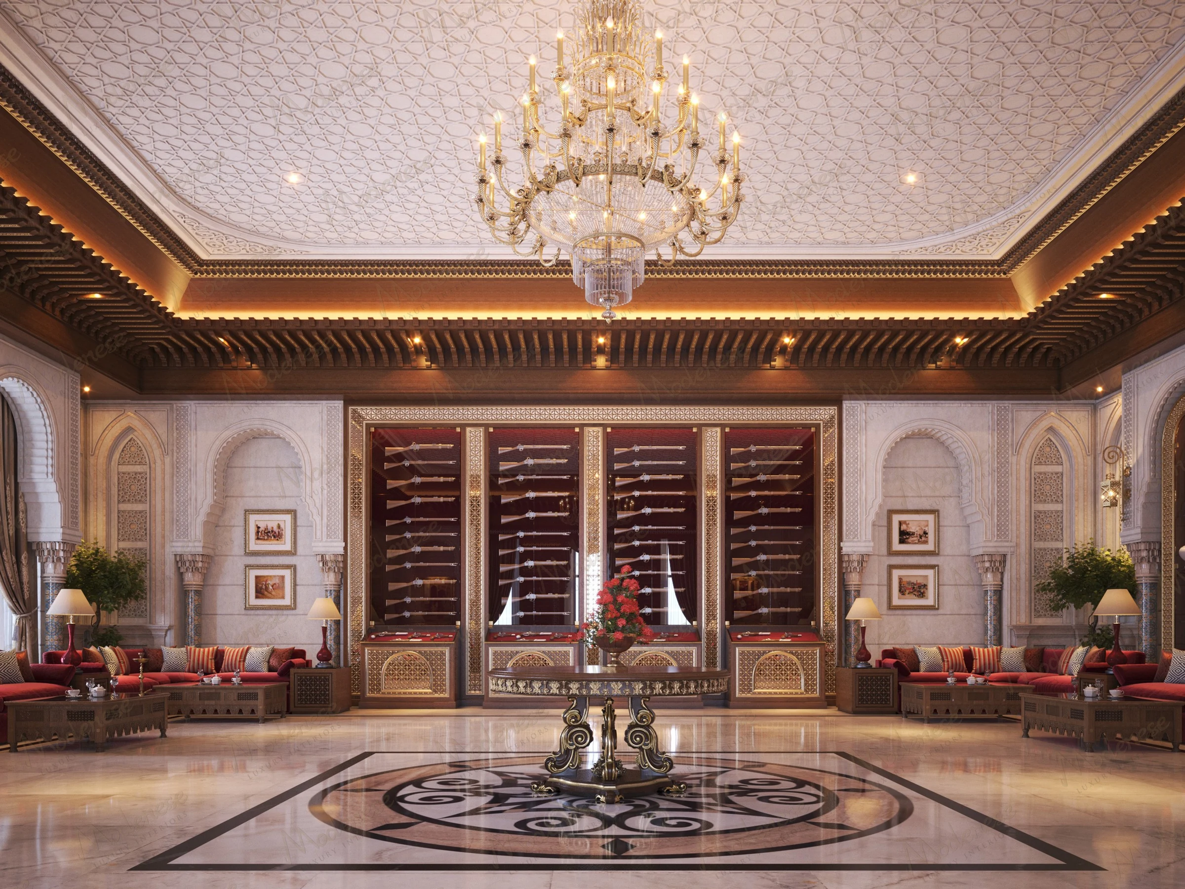 Royal Baghdad palace lounge showcasing a central floral arrangement, chandelier lighting, and a wall of ornately displayed ceremonial swords in golden framed niches