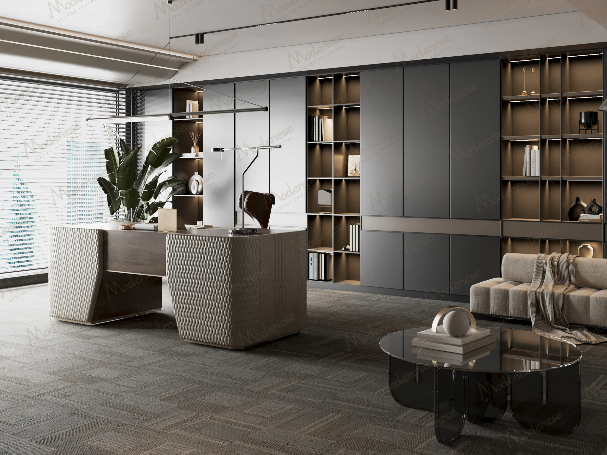 Modern executive office with geometric-patterned desk, leather chair, built-in shelving, and a large potted plant beside full-height windows