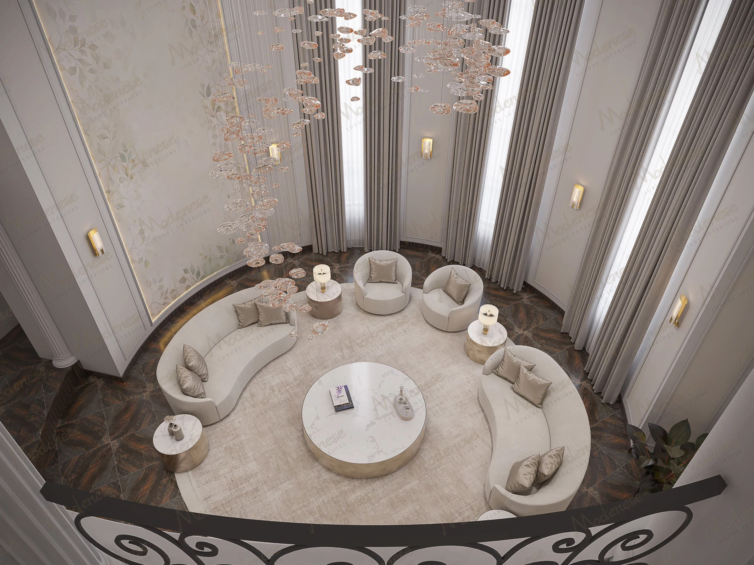 Contemporary Miami villa living room with curved beige seating, marble-top tables, dark wood flooring, and a dramatic cascading glass chandelier beneath a double-height ceiling with classical columns and iron balcony railings