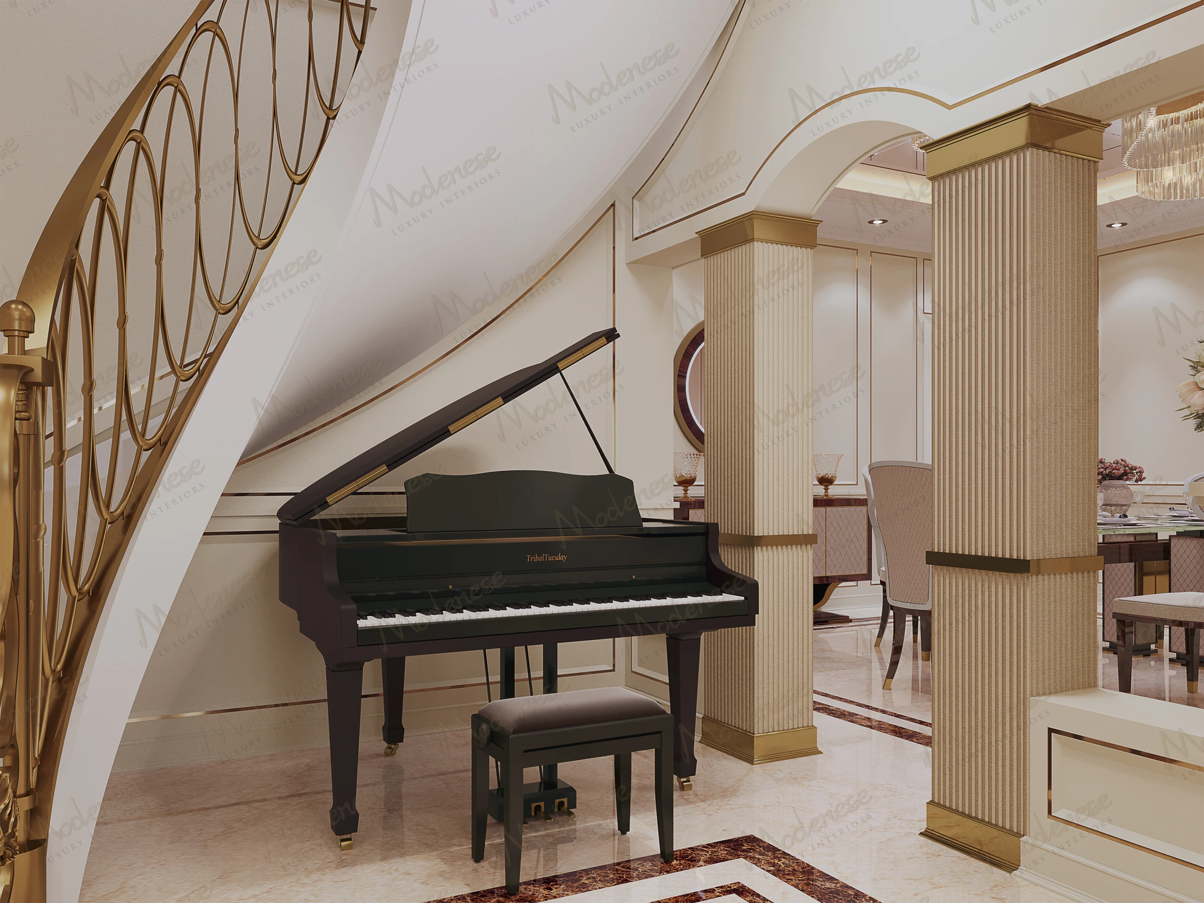 Curved staircase corner in Damascus, Syria with a black grand piano, gold-accented railing, and classical columns framing the view into the dining area