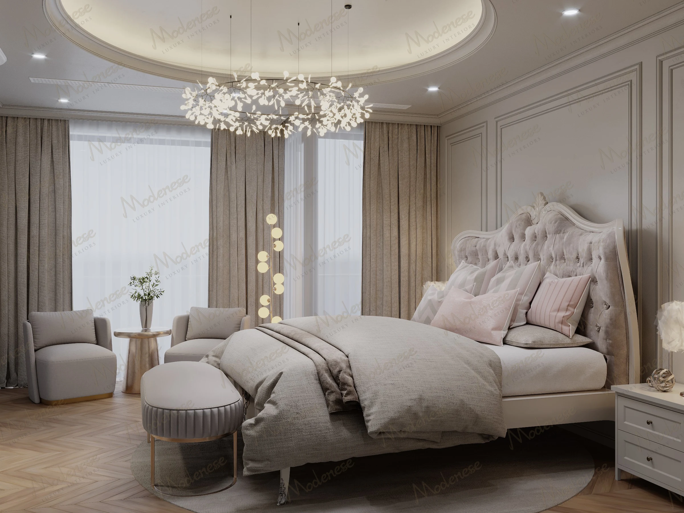 Angled shot of a serene Baghdad bedroom interior with sculpted headboard, taupe bedding, modern chandelier, and cozy reading nook. Detailed view of a stylish Baghdad bedroom with paneled walls, soft textiles, ambient lighting fixtures, and coordinated neutral-toned decor