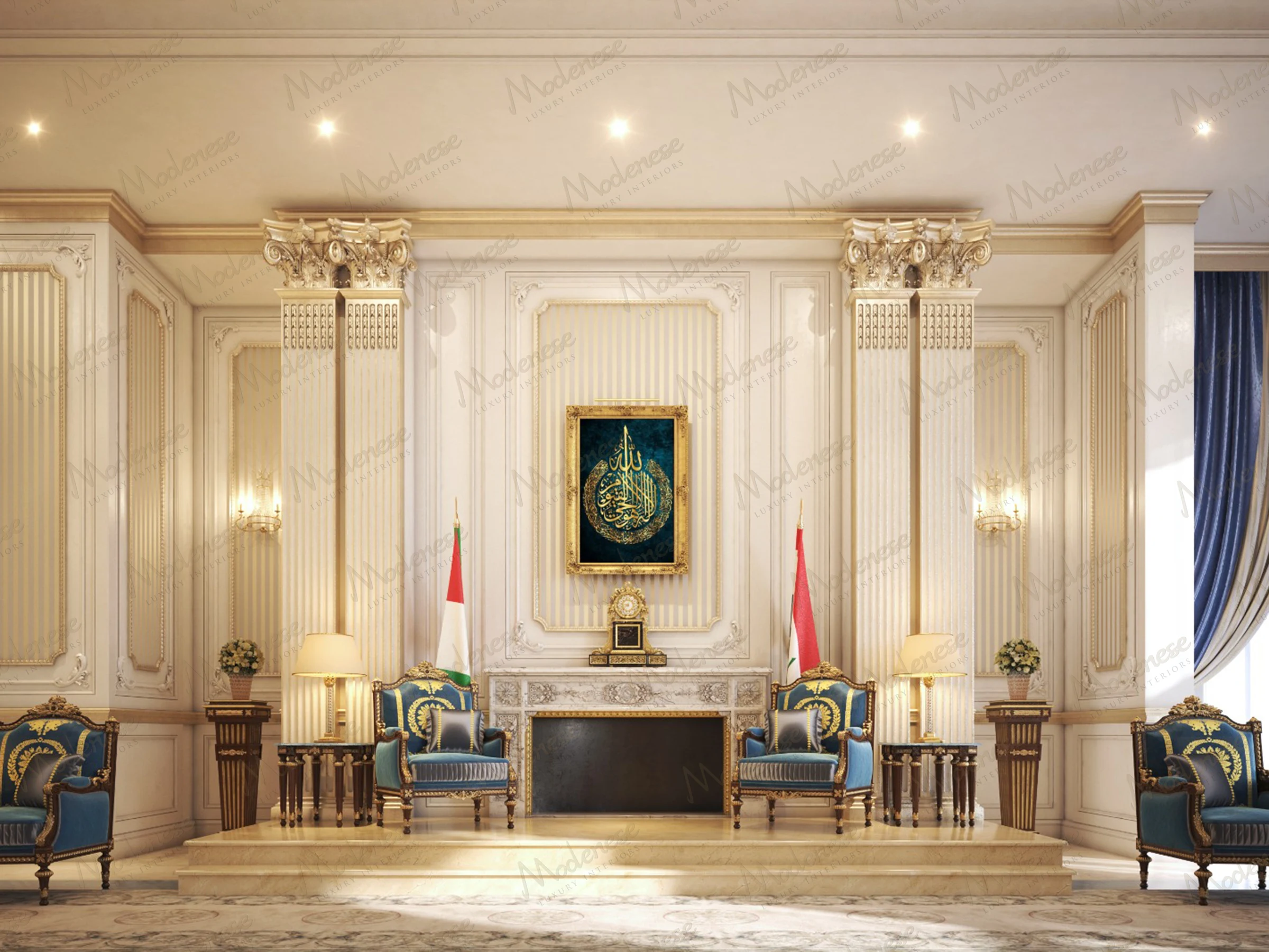 Formal podium area in the Riyadh meeting room with national flags, an Arabic calligraphy artwork, and a set of regal chairs flanked by Corinthian columns and soft lighting