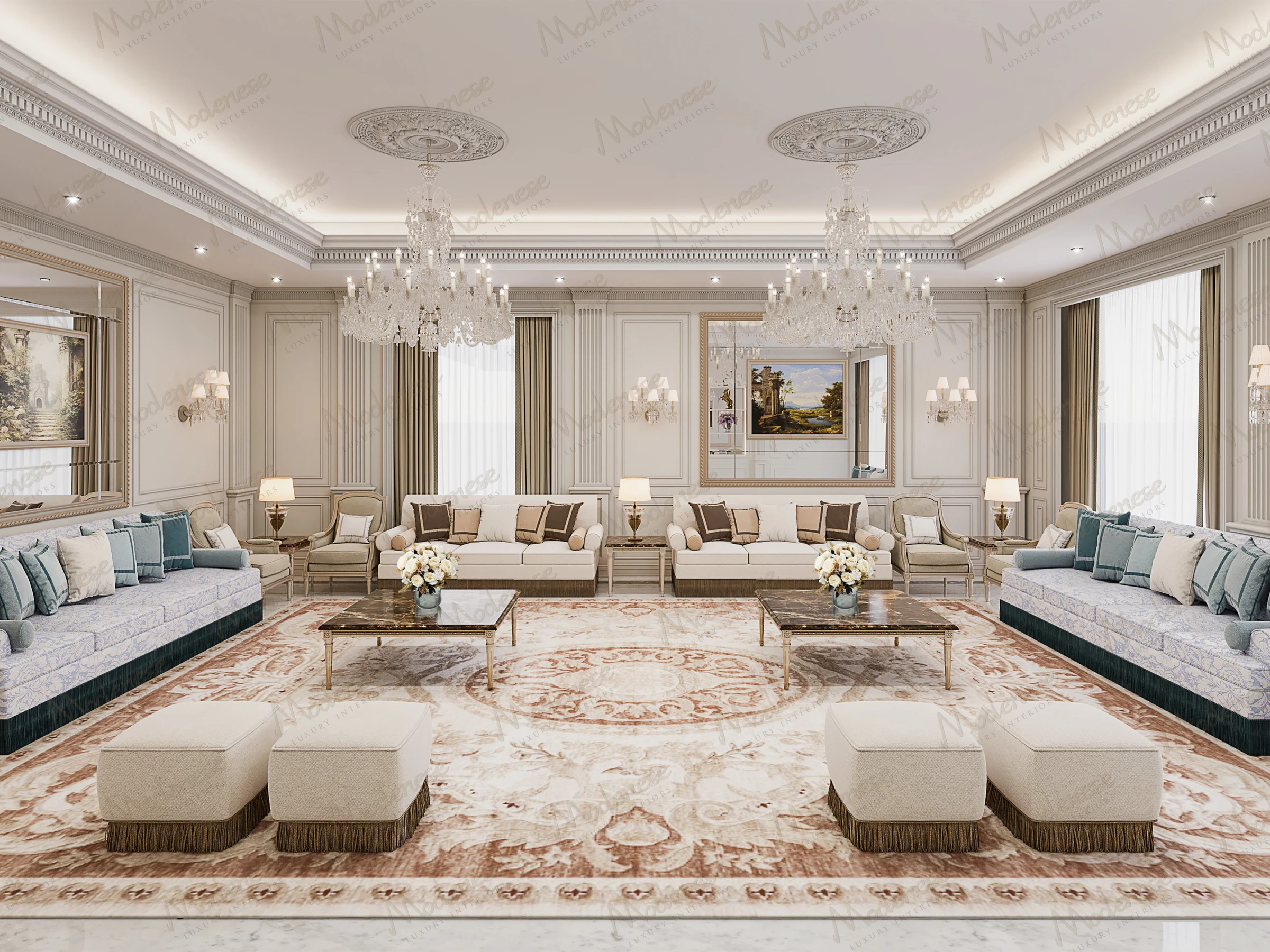 Luxurious living room in Muscat featuring ornate chandeliers, classical molding, and a large Persian-style rug surrounded by elegant cream sofas with blue and beige accent pillows