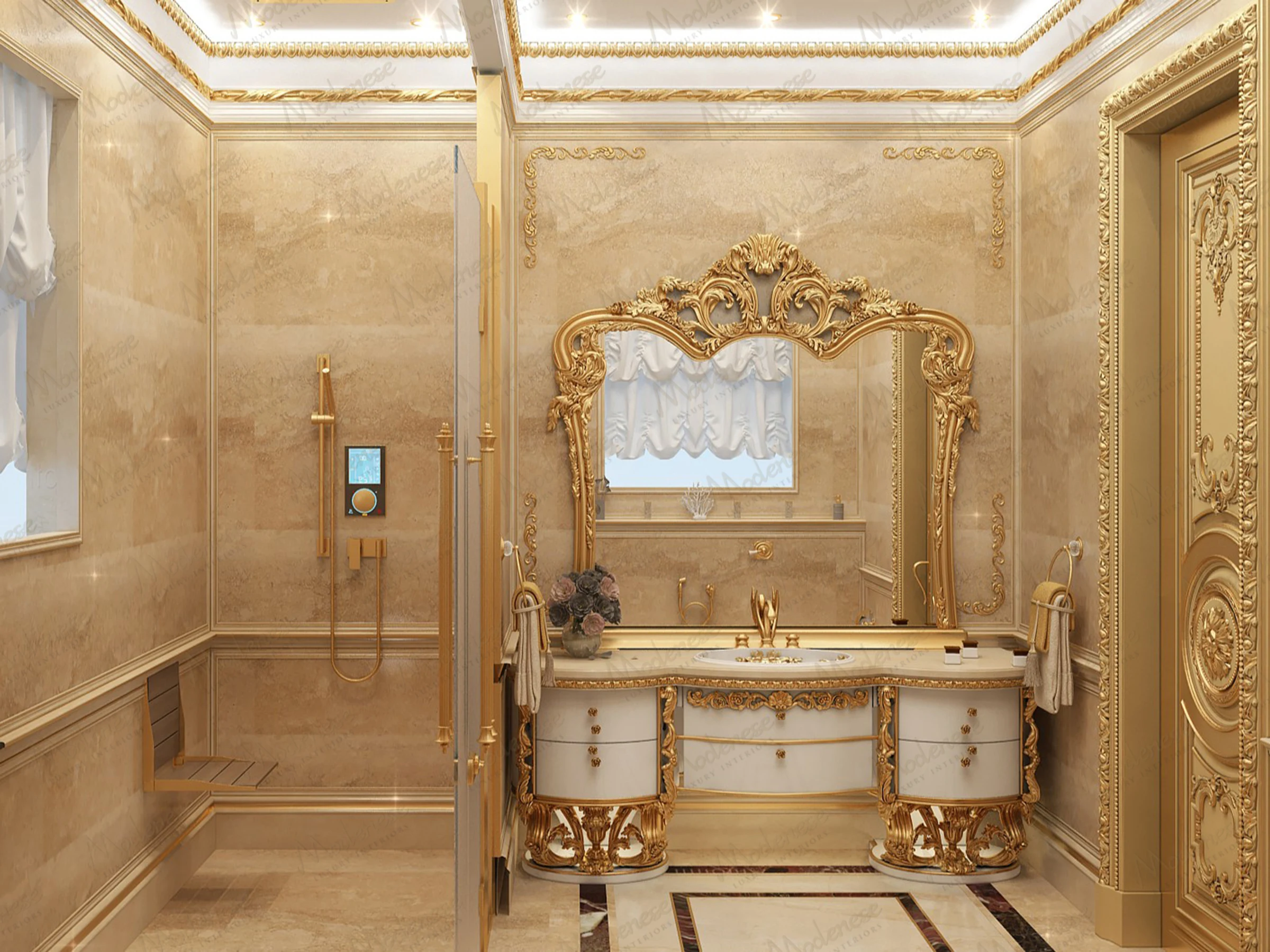 Luxurious bathroom in a Moscow home with ornate gold-framed mirror, golden fixtures, and beige marble walls