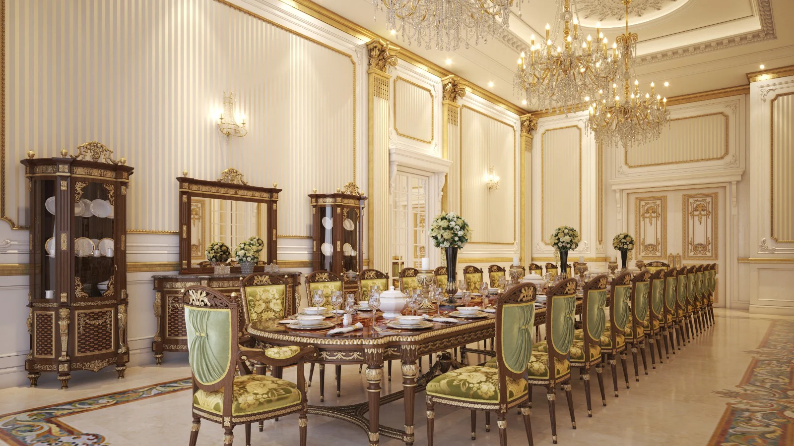 Formal dining room in Riyadh villa with a long ornate dining table, green and gold upholstered chairs, crystal chandeliers, and carved display cabinets