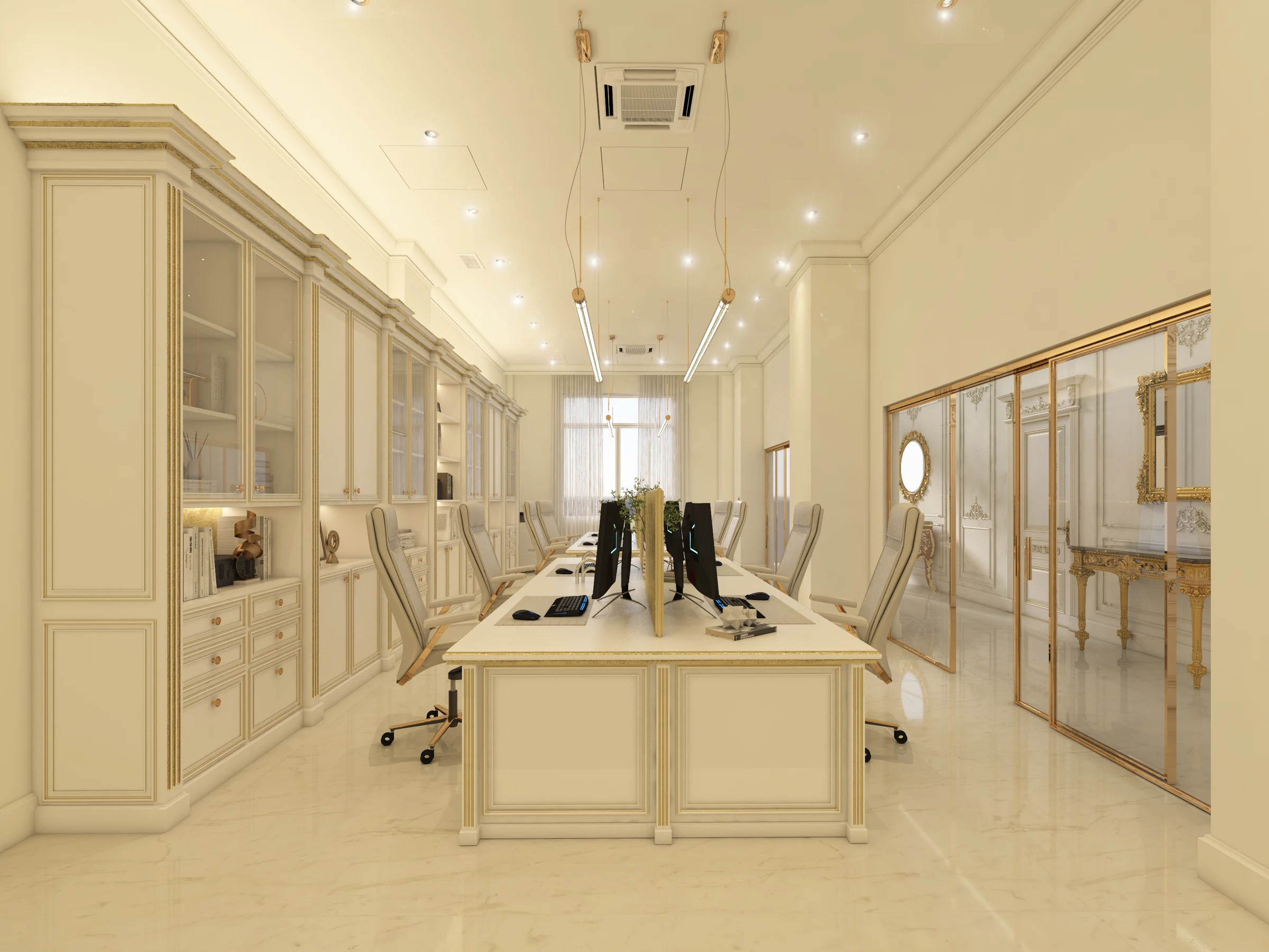 Bright Milan showroom office area with symmetrical workstations, custom cream cabinetry, gold accents, modern lighting, and a blend of classic and contemporary interior design
