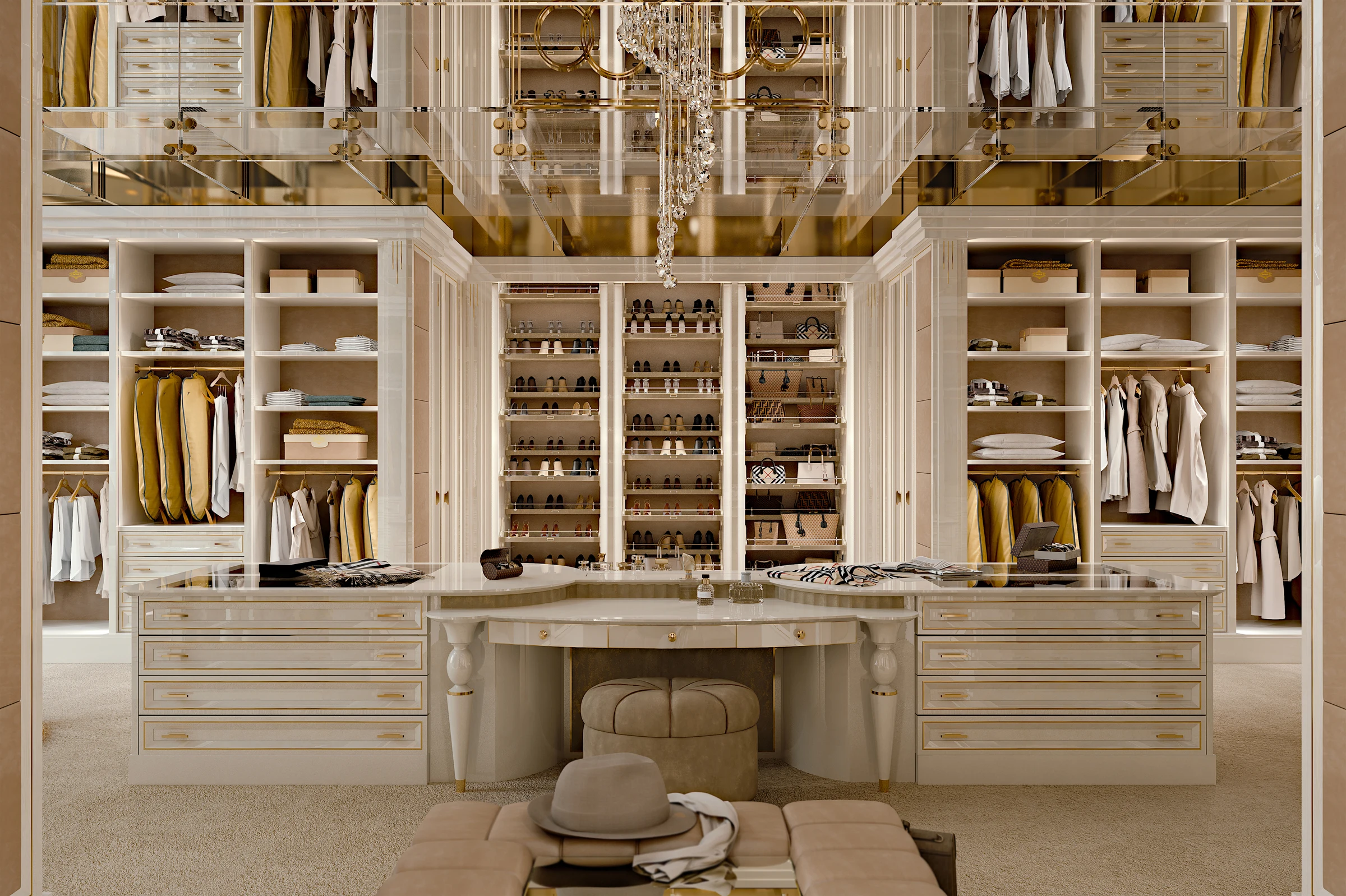 Luxurious walk-in closet in Dubai with cream cabinetry, open wardrobe sections, designer handbags, and twin chandeliers above marble-topped islands