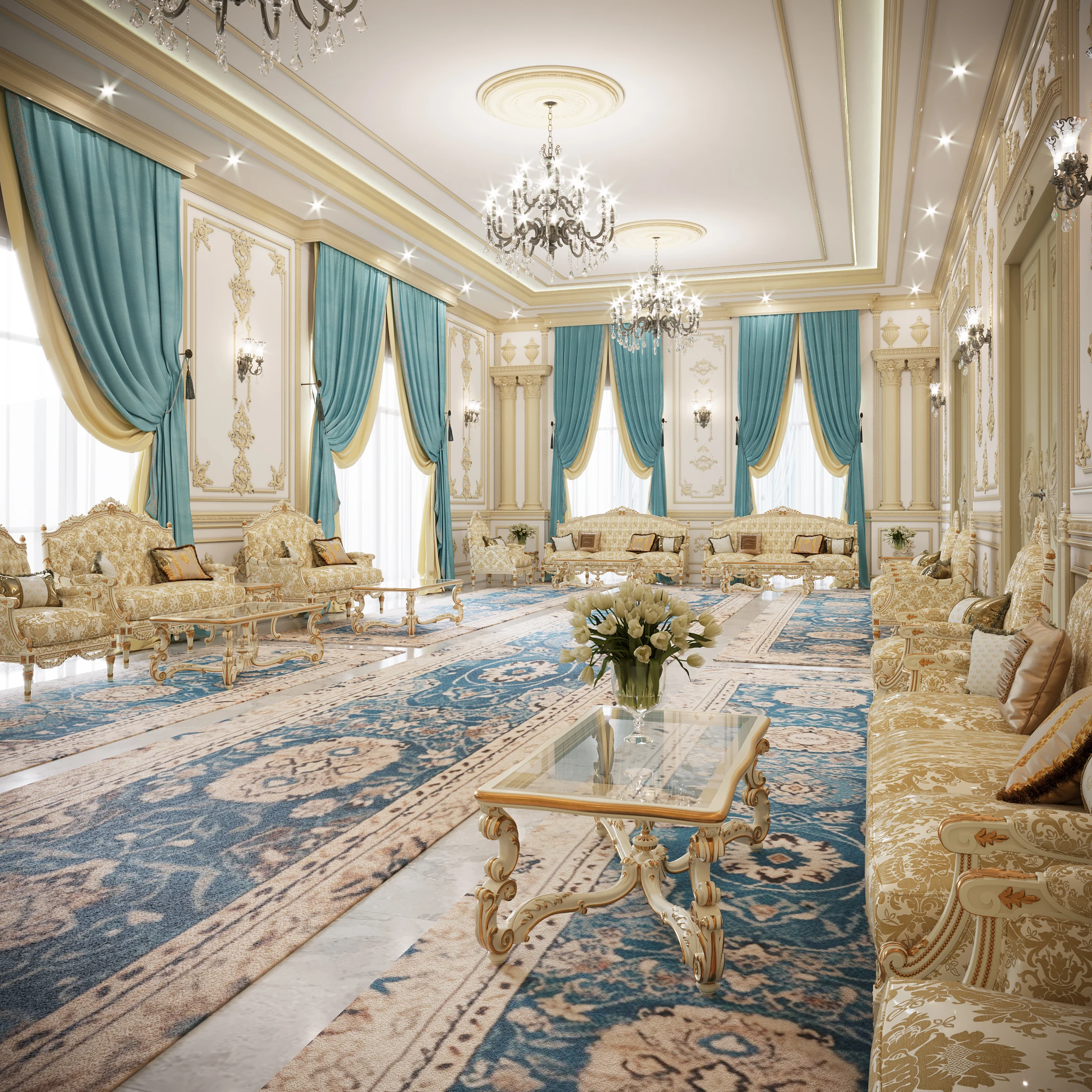 Magnificent neoclassical palace-style living room with gold upholstered sofas, carved Italian coffee tables, crystal chandeliers, turquoise drapery, and ornate wall decorations, reflecting opulent Italian luxury furniture and classic interior design.