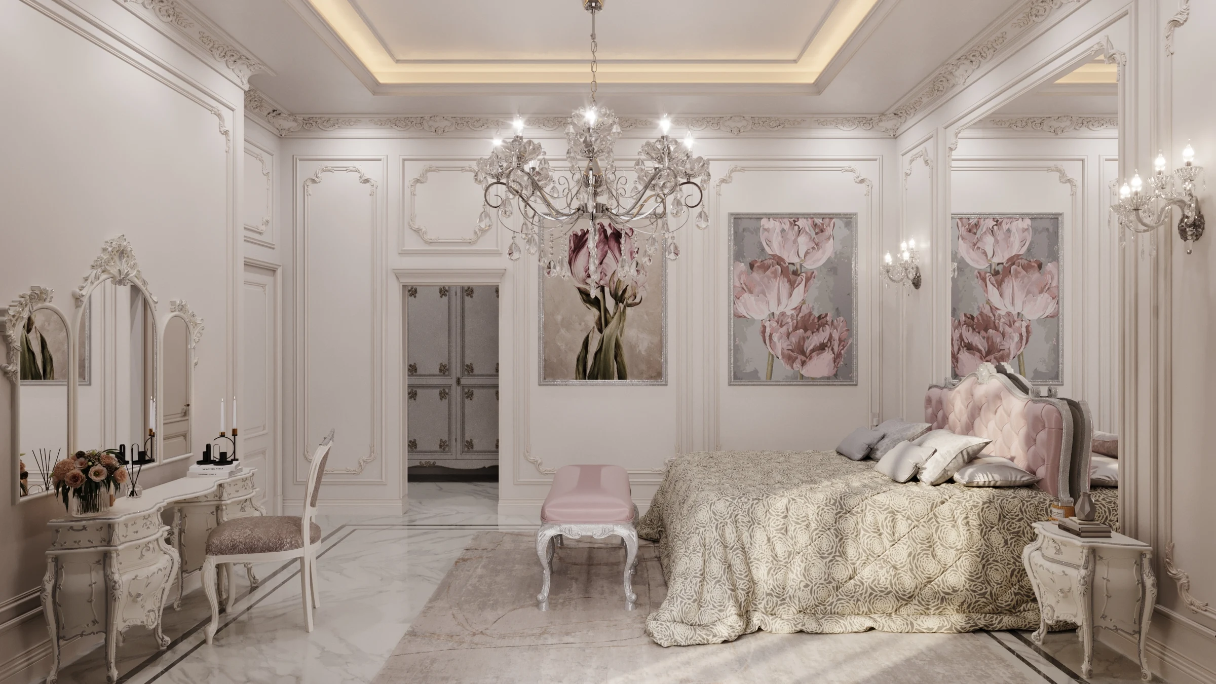 Elegant neoclassical luxury bedroom with a pink upholstered bed, carved classic Italian furniture, crystal chandelier, decorative wall paneling, and marble flooring, representing sophisticated Italian luxury interior design for high-end residences.