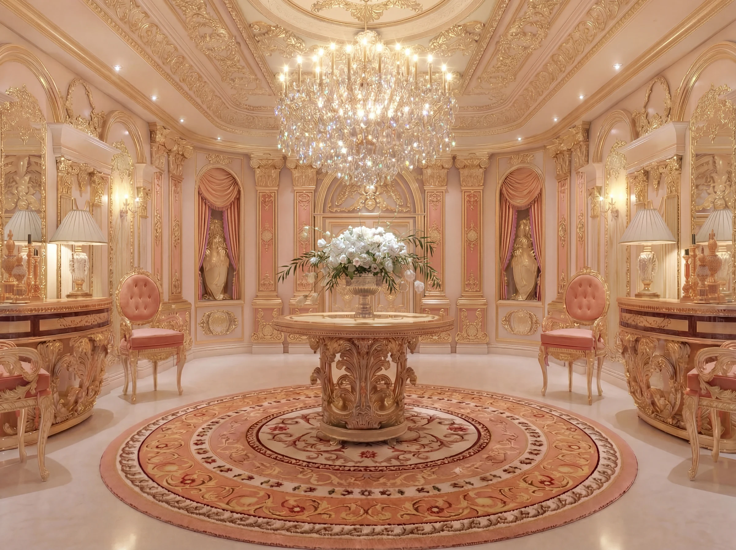 Dubai entry lounge with cream furniture, a central floral arrangement, large arched windows, and a beige rug beneath a grand chandelier